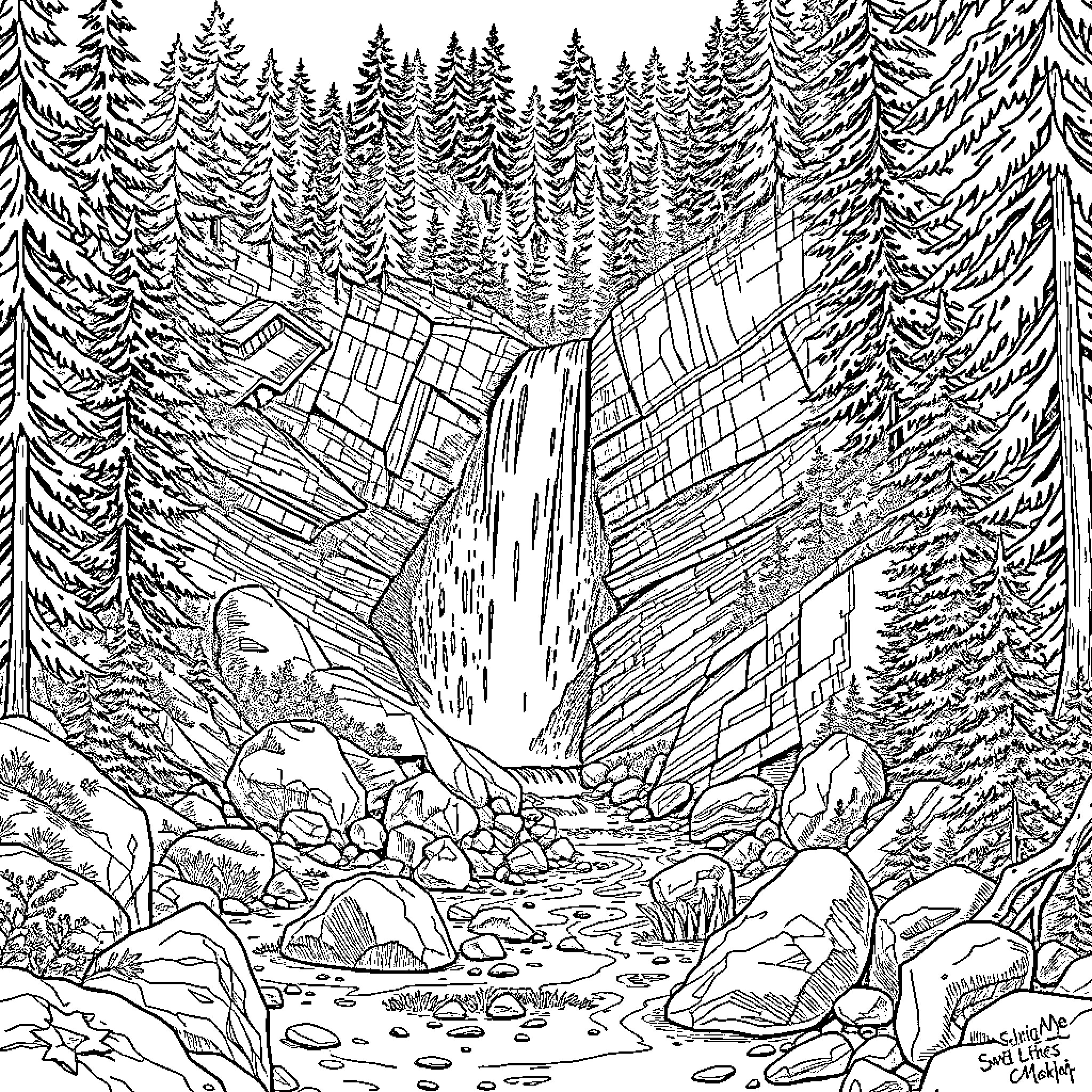 Waterfall amidst a lush forest landscape Coloring Page (free black-and-white line drawing printable PDF for all, from beginners to advanced learners, including children, teens, adults, and seniors)