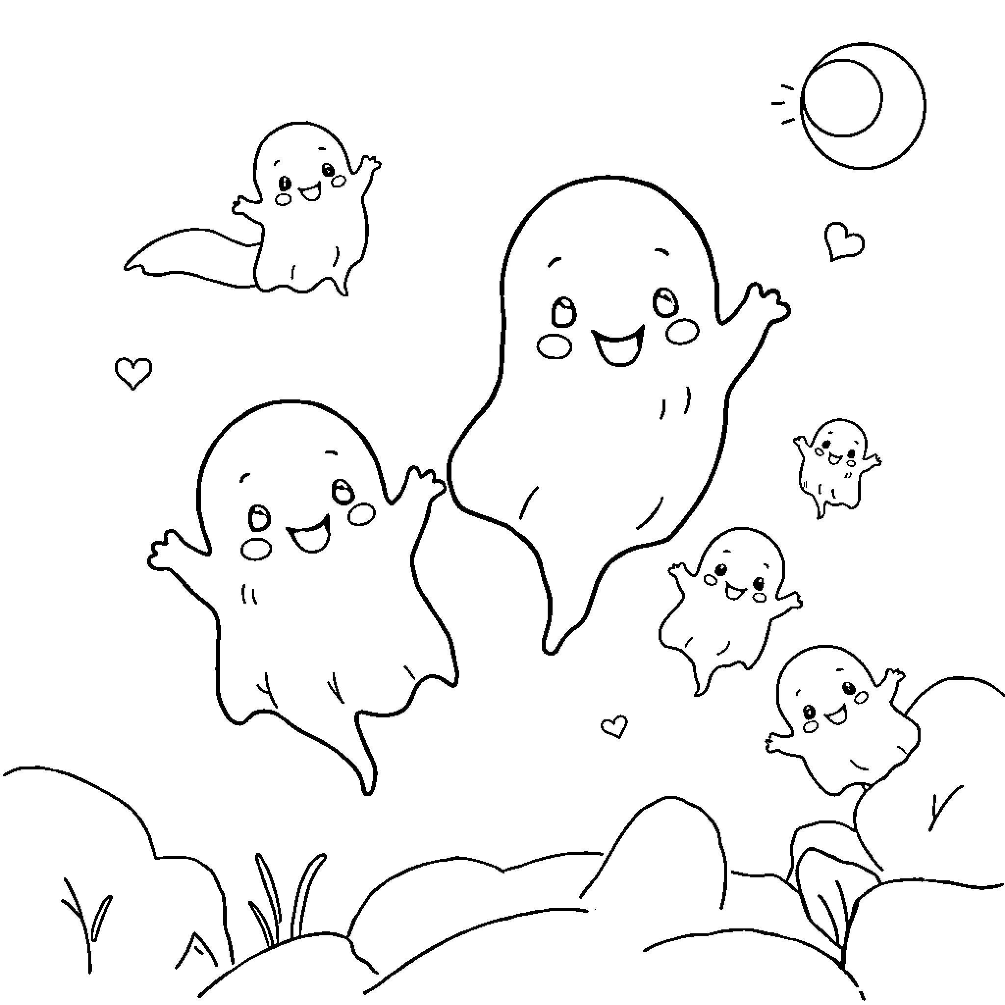 Ghost friends playing in the moonlight Coloring Page (free black-and-white line drawing printable PDF for all, from beginners to advanced learners, including children, teens, adults, and seniors)