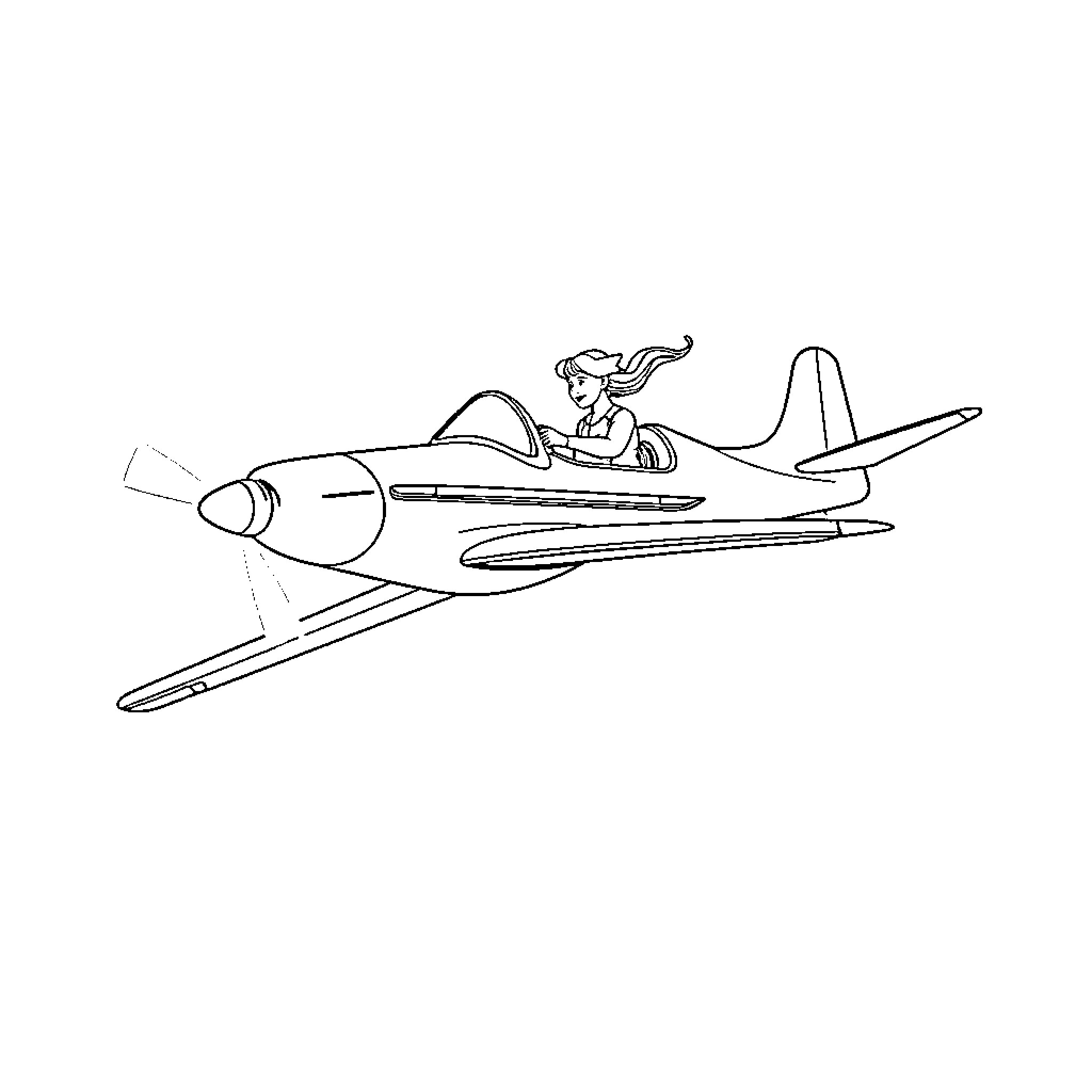 Woman piloting a jet fighter plane Coloring Page (free black-and-white line drawing printable PDF for all, from beginners to advanced learners, including children, teens, adults, and seniors)