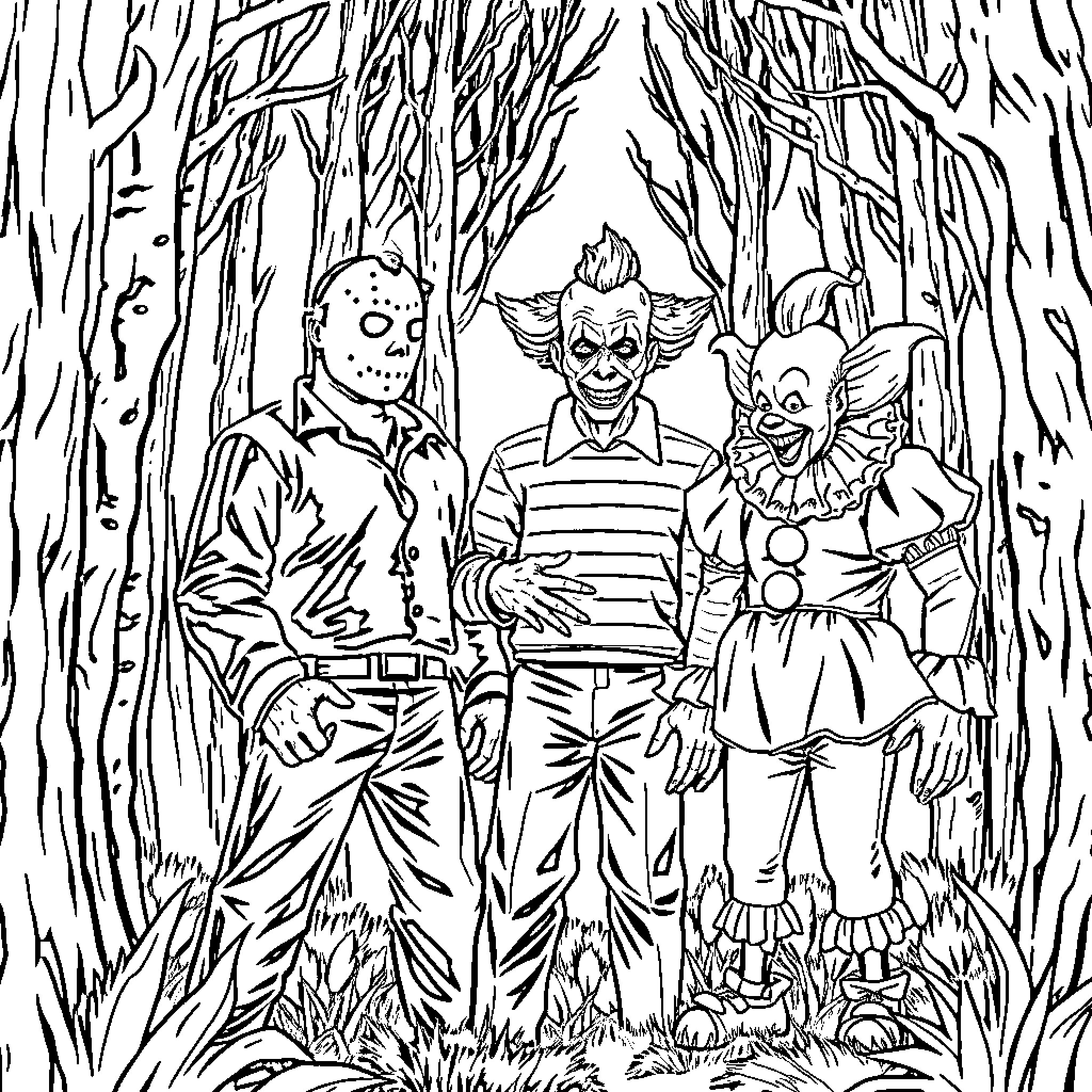 Jason's Spooky Encounter with Creepy Clowns in the Forest Coloring Page (free black-and-white line drawing printable PDF for all, from beginners to advanced learners, including children, teens, adults, and seniors)