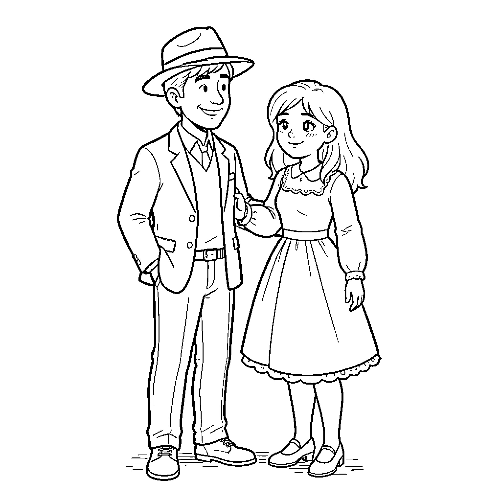 Jack and Sally smiling while standing together Coloring Page (free black-and-white line drawing printable PDF for all, from beginners to advanced learners, including children, teens, adults, and seniors)