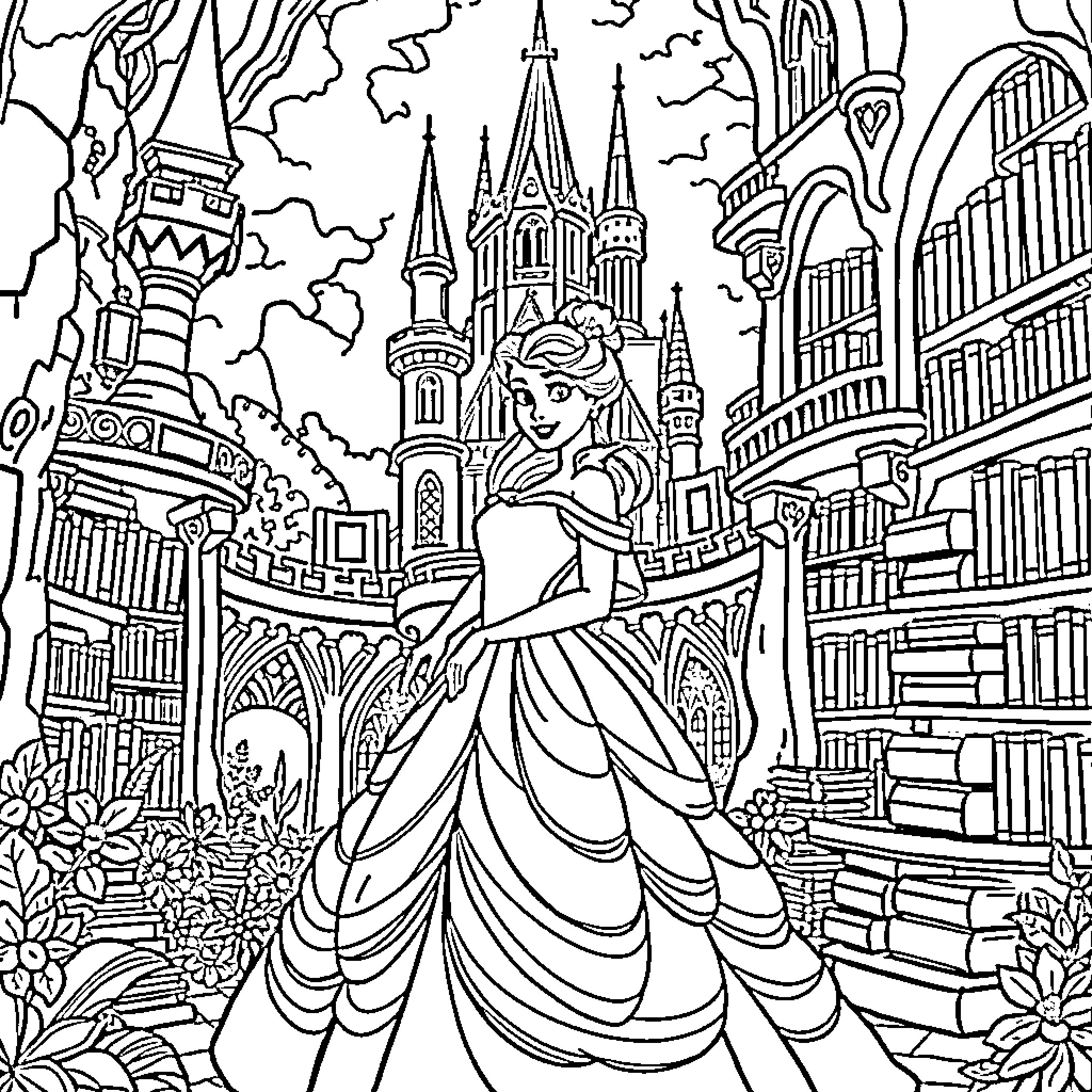 Princess in Elegant Gown Amid Castle Spires Coloring Page (free black-and-white line drawing printable PDF for all, from beginners to advanced learners, including children, teens, adults, and seniors)
