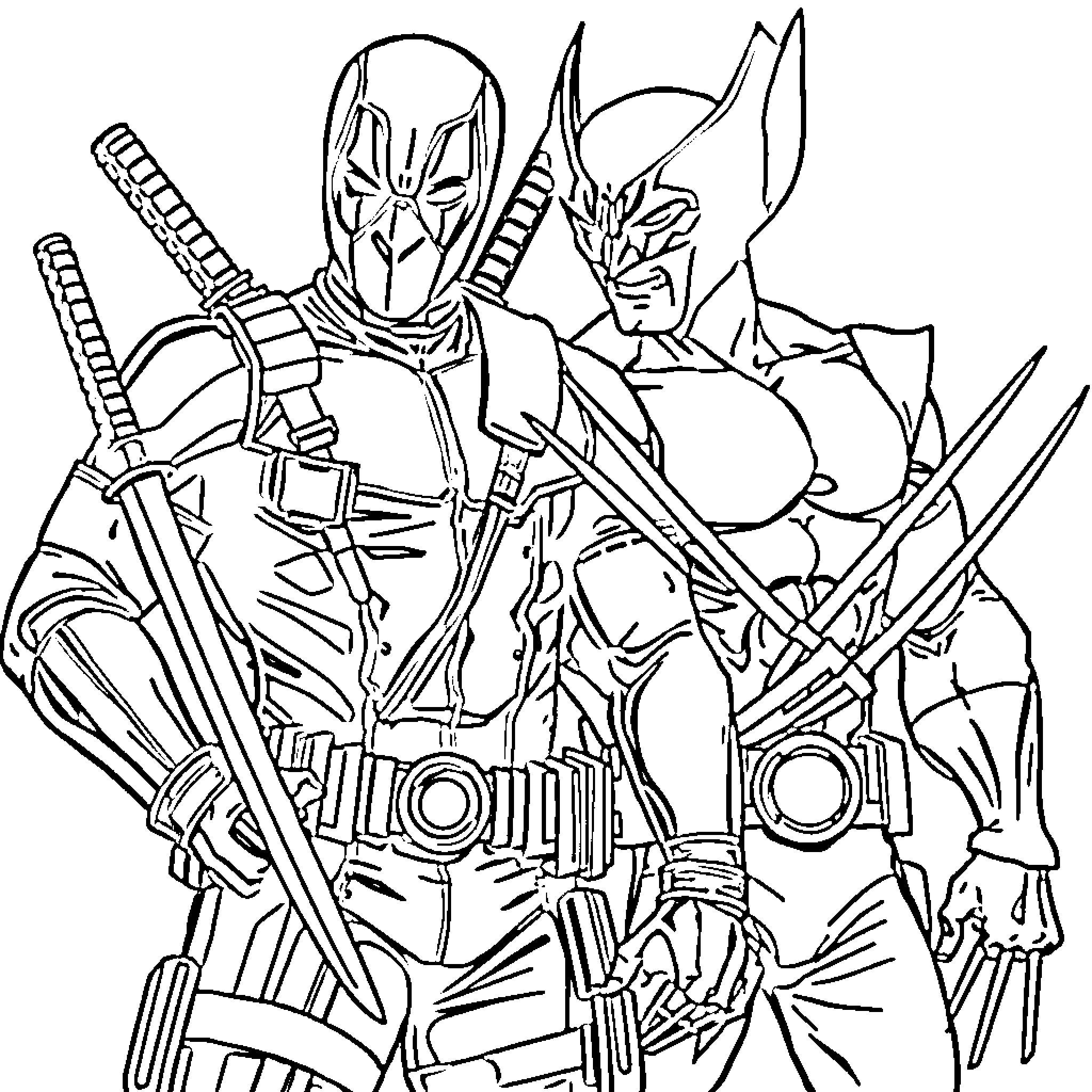 Deadpool and Wolverine in Fierce Combat Coloring Page (free black-and-white line drawing printable PDF for all, from beginners to advanced learners, including children, teens, adults, and seniors)