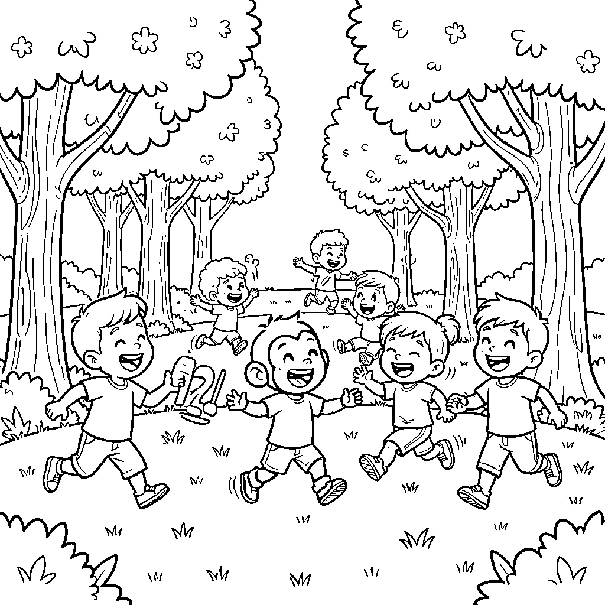 Curious George and Friends Play Cheerfully in the Woods Coloring Page (free black-and-white line drawing printable PDF for all, from beginners to advanced learners, including children, teens, adults, and seniors)