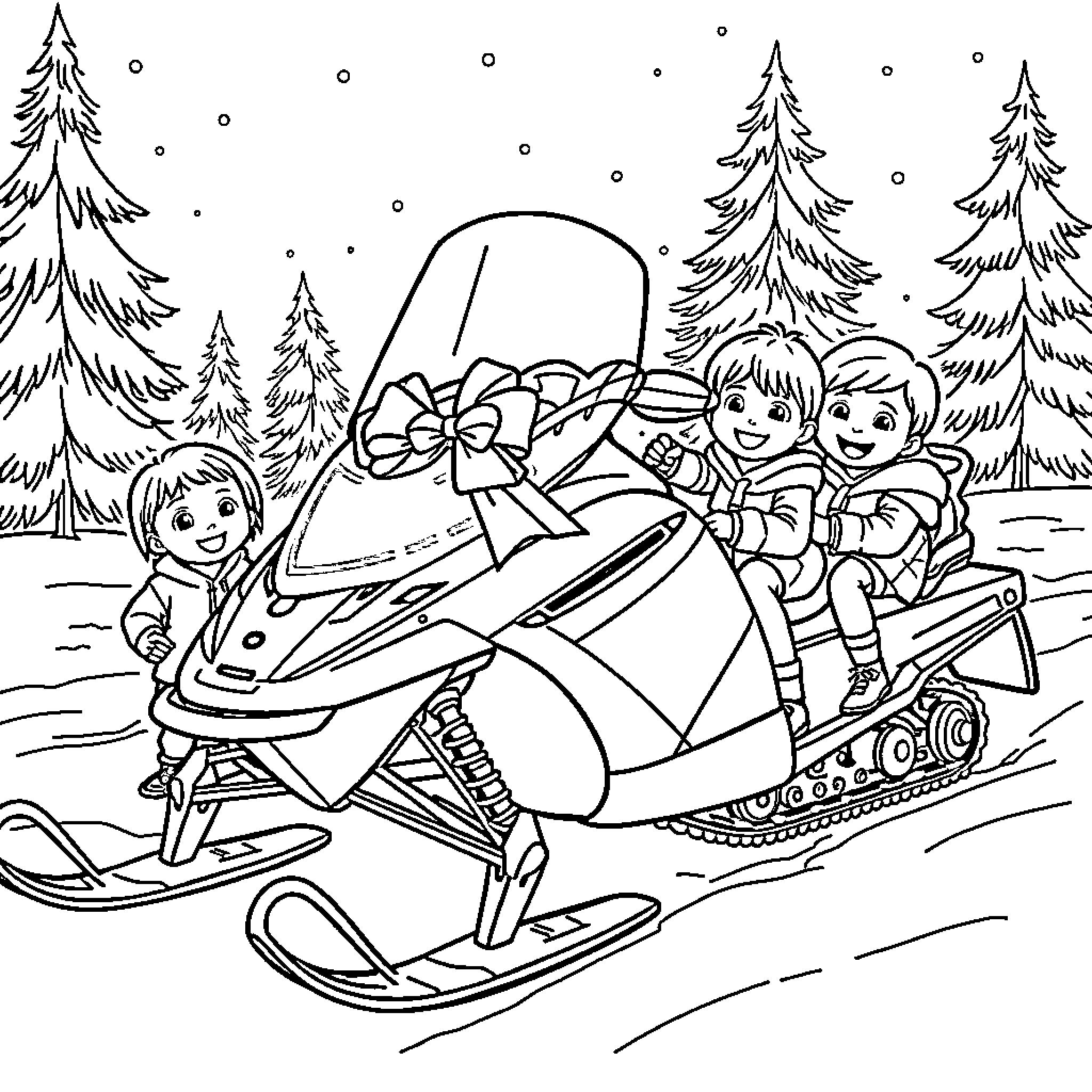 Snowmobile ride through snowy winter landscape with friends Coloring Page (free black-and-white line drawing printable PDF for all, from beginners to advanced learners, including children, teens, adults, and seniors)
