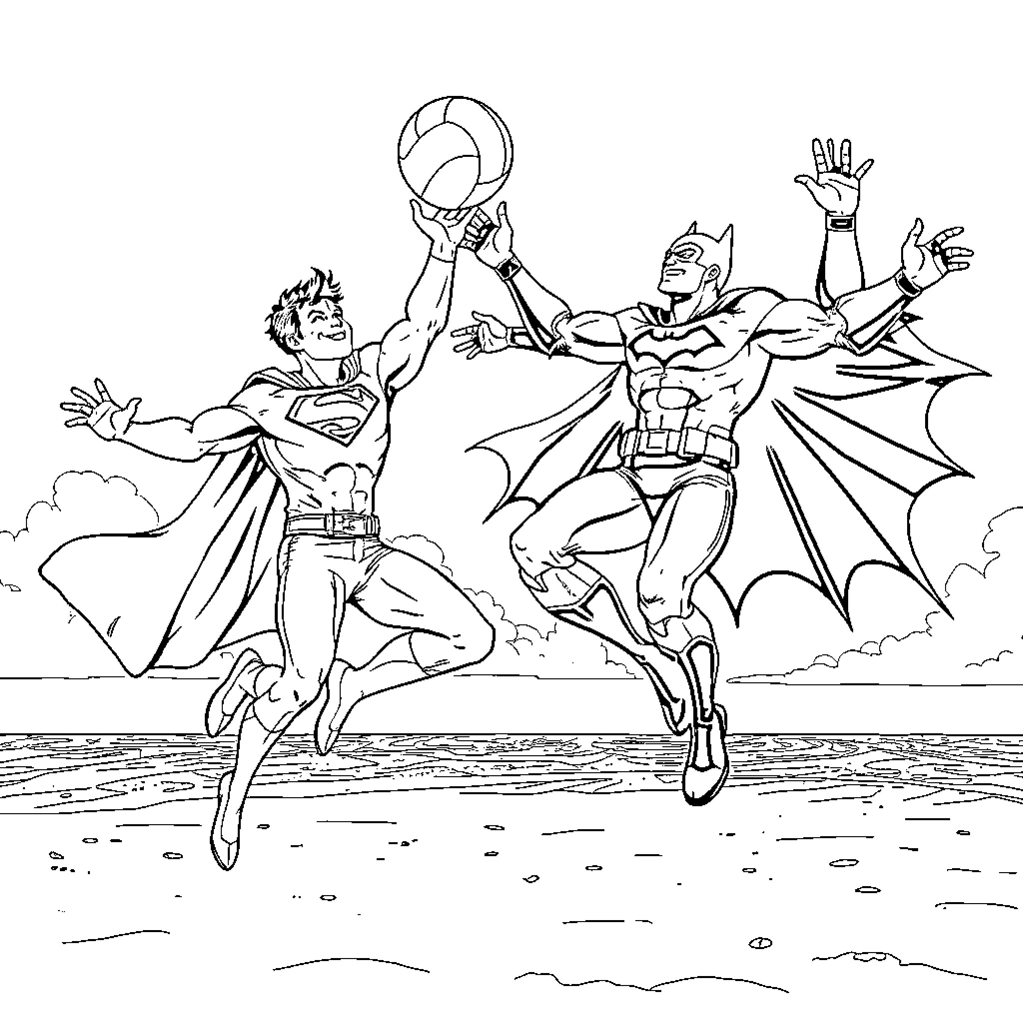 Superman and Batman heroic action scene Coloring Page (free black-and-white line drawing printable PDF for all, from beginners to advanced learners, including children, teens, adults, and seniors)