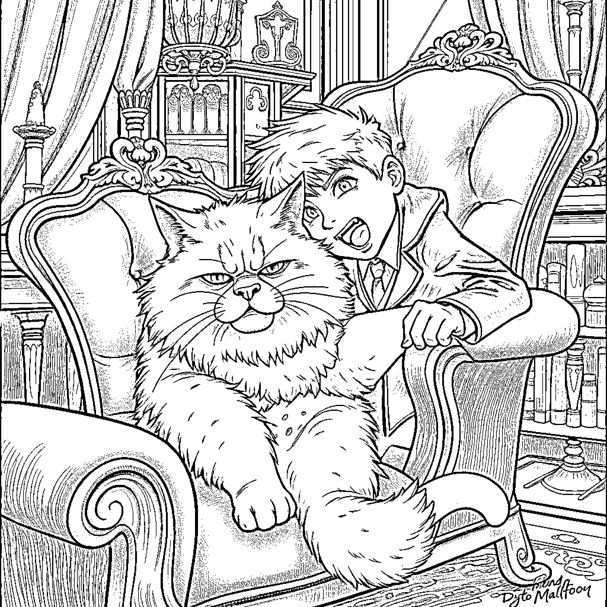 Draco Malfoy and his Mischievous Feline Companion Coloring Page (free black-and-white line drawing printable PDF for all, from beginners to advanced learners, including children, teens, adults, and seniors)