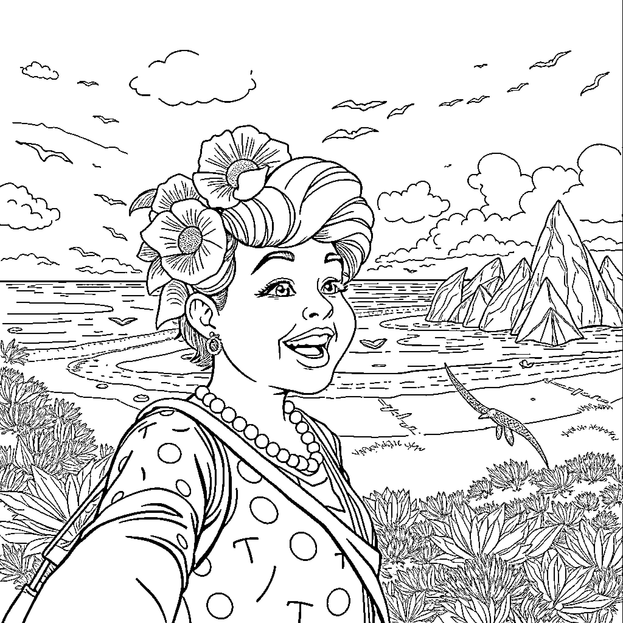 Mafalda enjoys a scenic seaside landscape Coloring Page (free black-and-white line drawing printable PDF for all, from beginners to advanced learners, including children, teens, adults, and seniors)