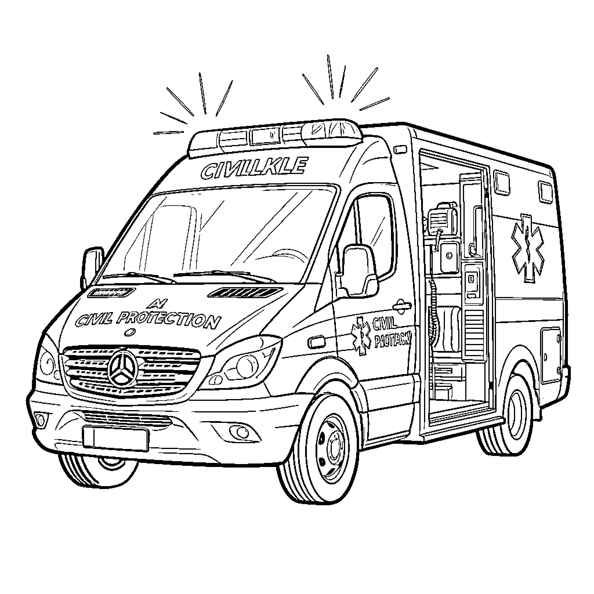 Ambulance parked with side door open for emergency use Coloring Page (free black-and-white line drawing printable PDF for all, from beginners to advanced learners, including children, teens, adults, and seniors)