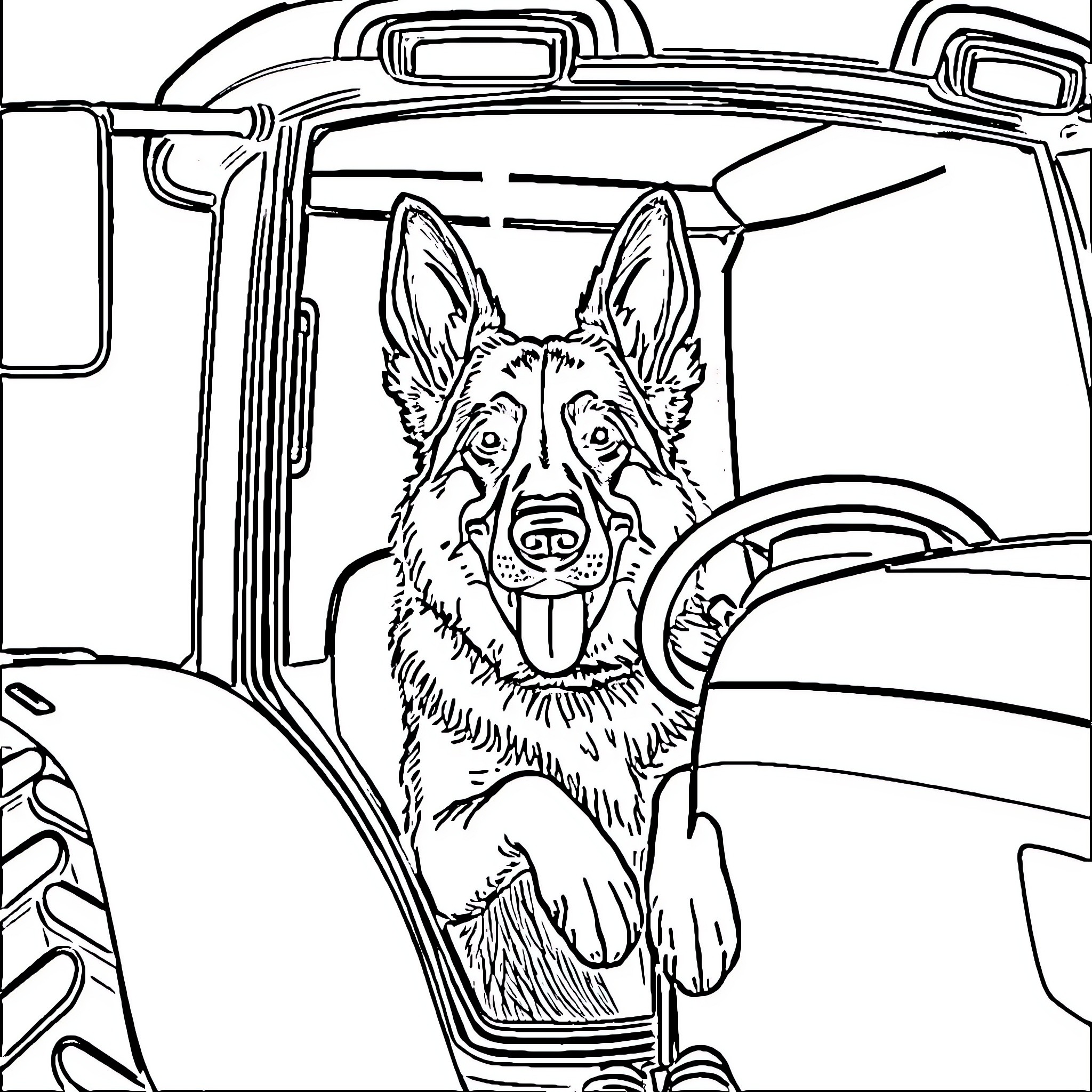 German Shepherd guarding car interior Coloring Page (free black-and-white line drawing printable PDF for all, from beginners to advanced learners, including children, teens, adults, and seniors)
