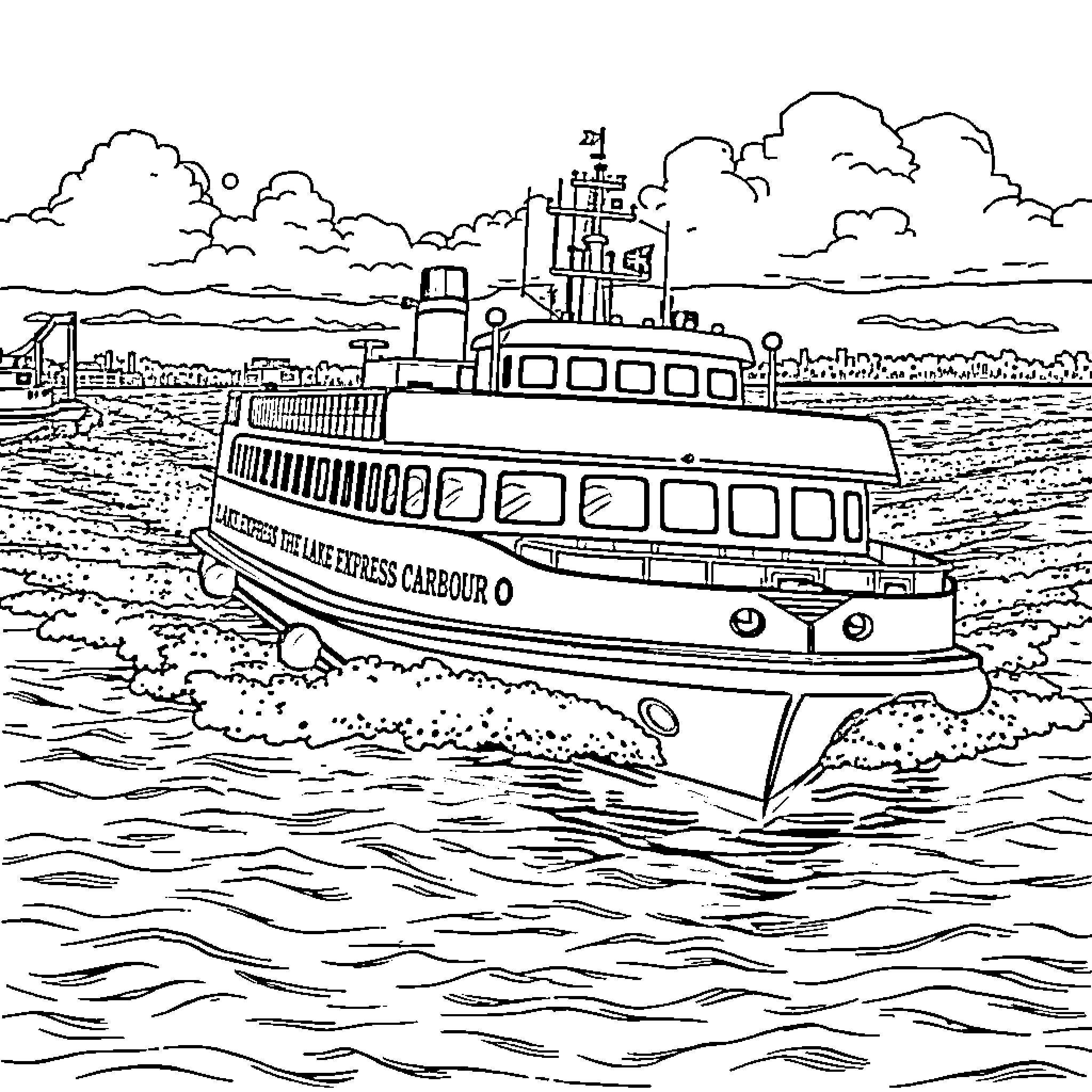 Ferry sailing across a body of water Coloring Page (free black-and-white line drawing printable PDF for all, from beginners to advanced learners, including children, teens, adults, and seniors)