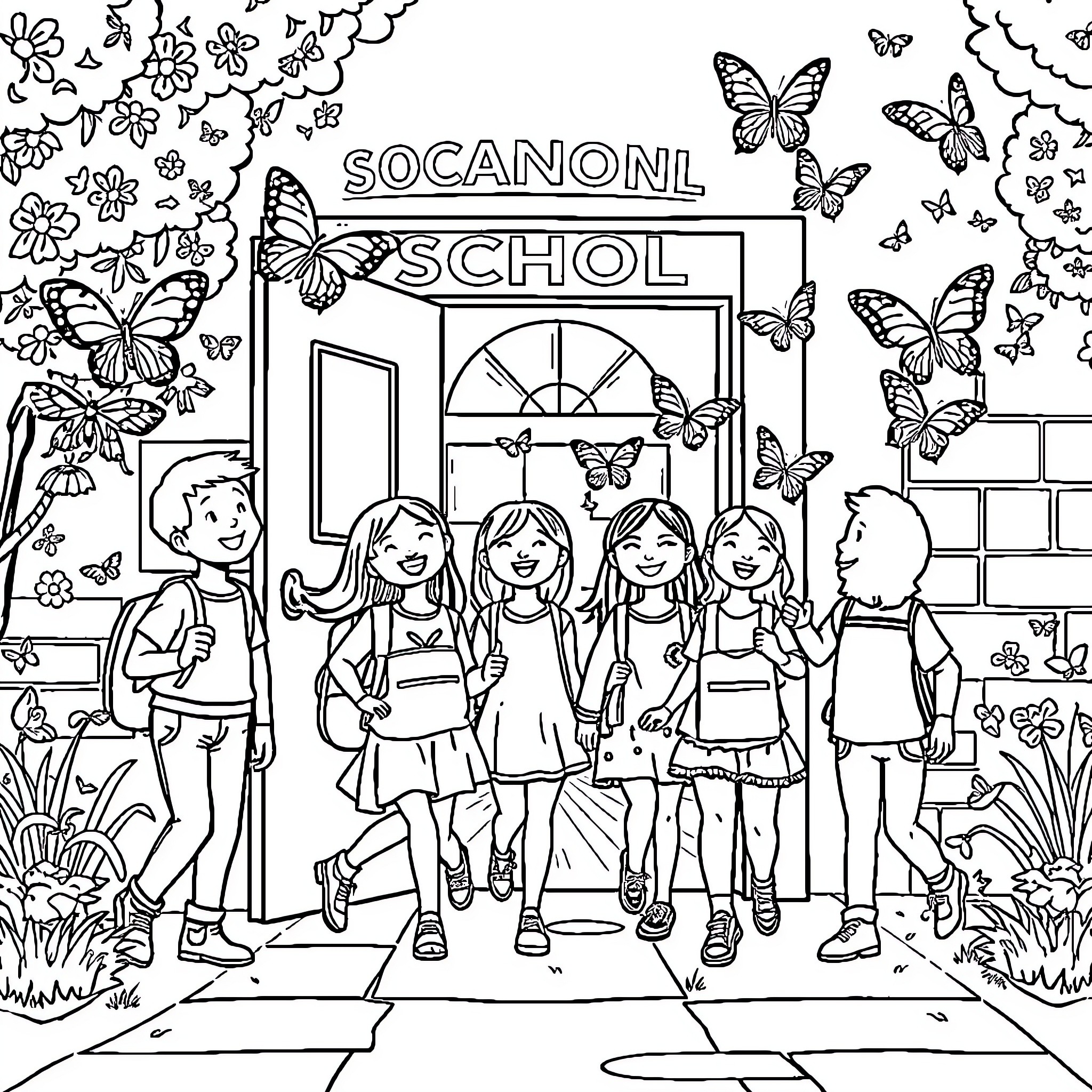 Students walking happily outside of school Coloring Page (free black-and-white line drawing printable PDF for all, from beginners to advanced learners, including children, teens, adults, and seniors)