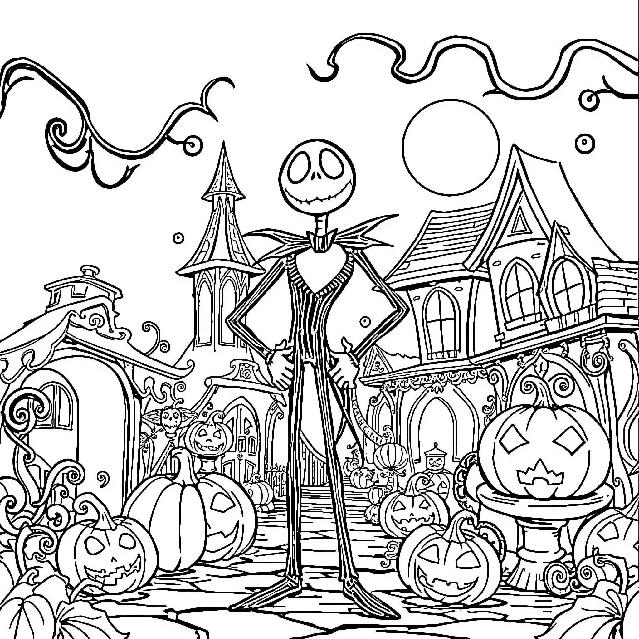 Jack Skeleton exploring the whimsical Halloween town Coloring Page (free black-and-white line drawing printable PDF for all, from beginners to advanced learners, including children, teens, adults, and seniors)