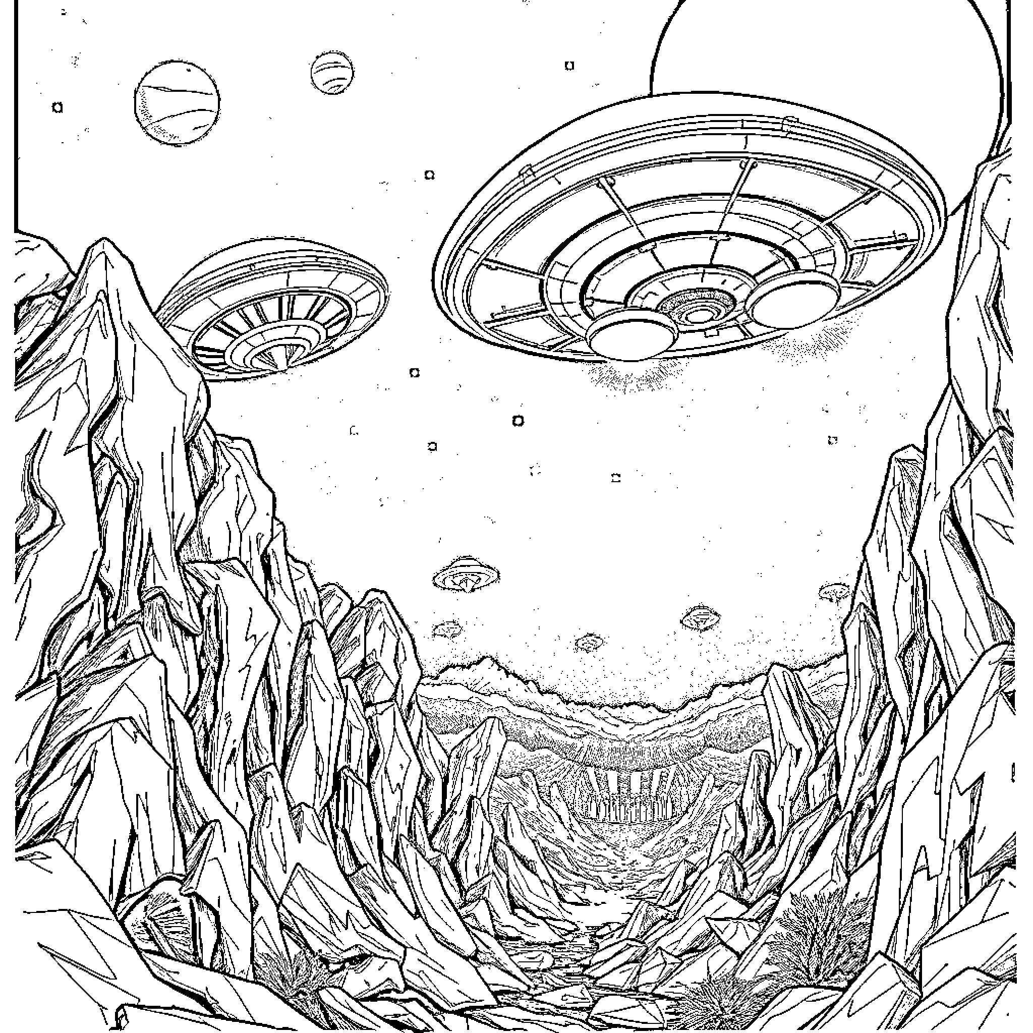 Alien spacecraft hovering over a rugged alien landscape Coloring Page (free black-and-white line drawing printable PDF for all, from beginners to advanced learners, including children, teens, adults, and seniors)