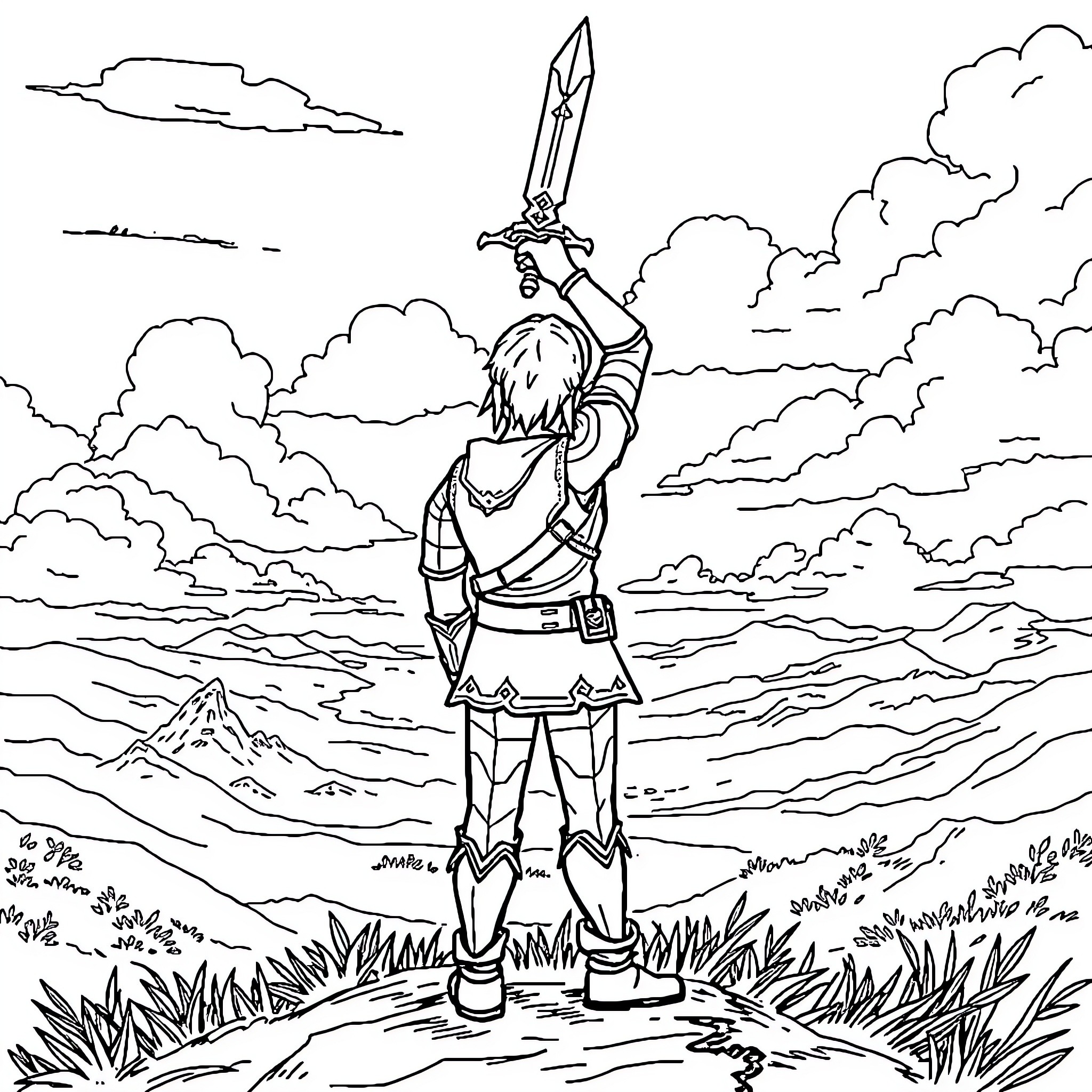Link wielding a sword in a fantasy landscape Coloring Page (free black-and-white line drawing printable PDF for all, from beginners to advanced learners, including children, teens, adults, and seniors)