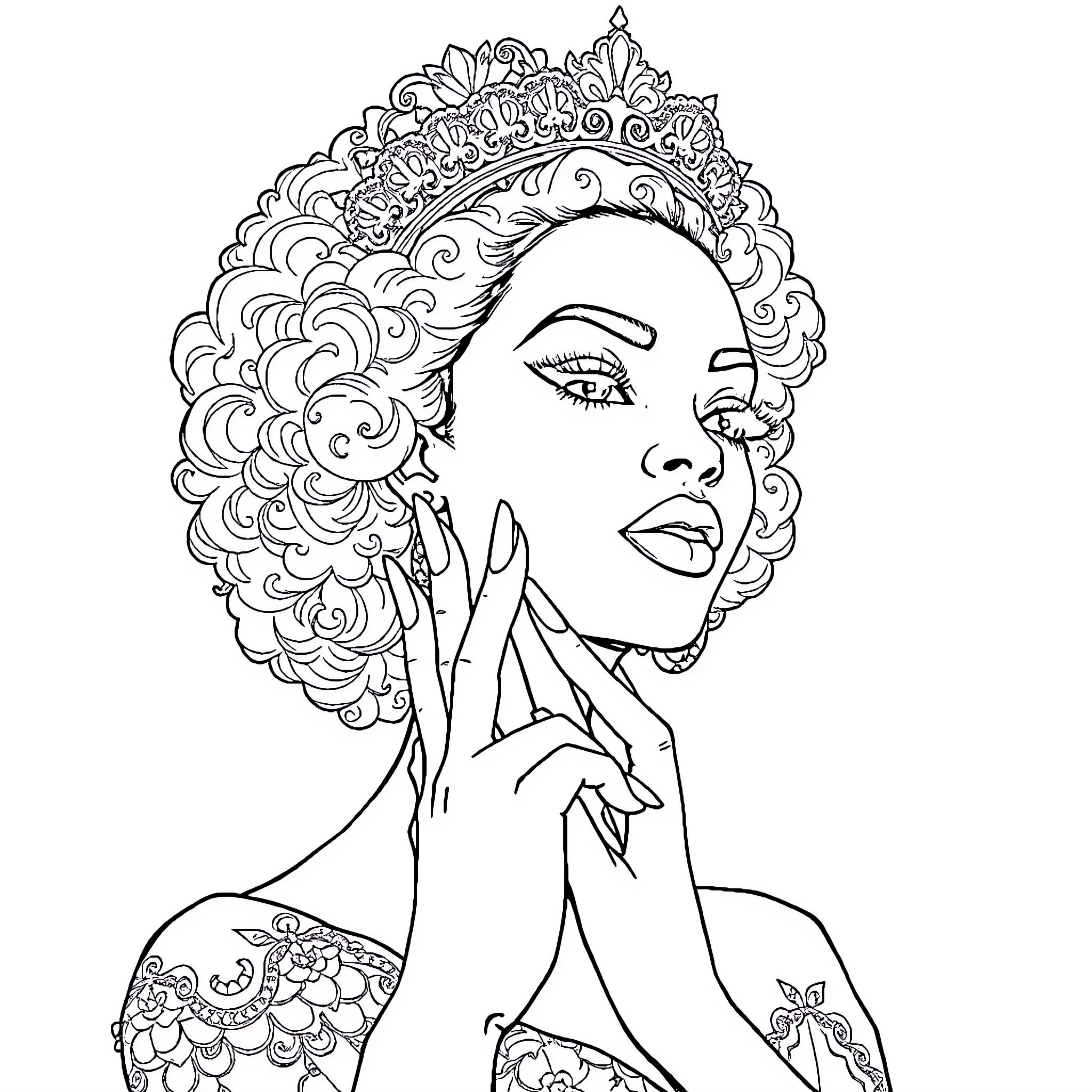 Afro Queen adorned in ornate crown and body art Coloring Page (free black-and-white line drawing printable PDF for all, from beginners to advanced learners, including children, teens, adults, and seniors)