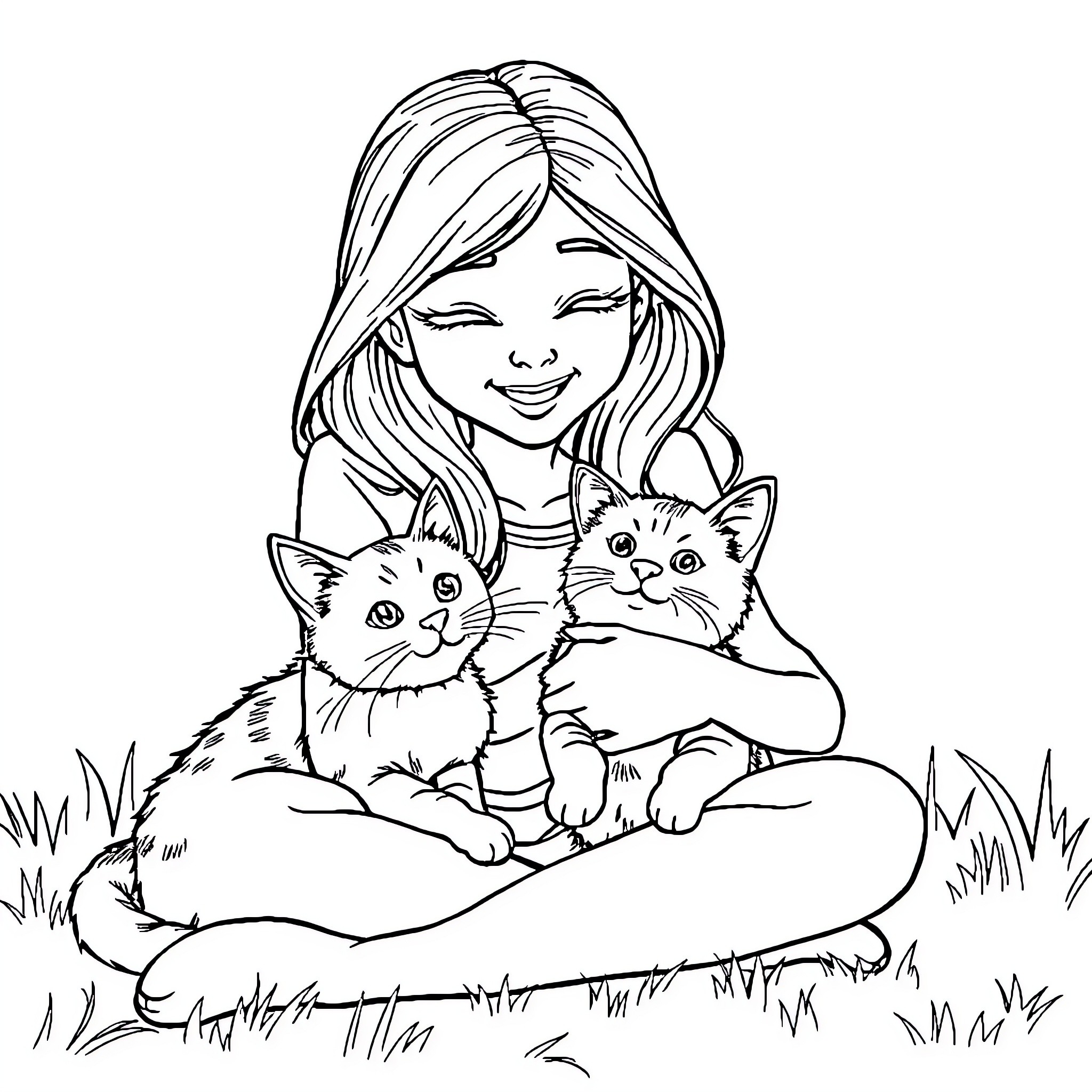 Cat and Girl Enjoying Nature Coloring Page (free black-and-white line drawing printable PDF for all, from beginners to advanced learners, including children, teens, adults, and seniors)