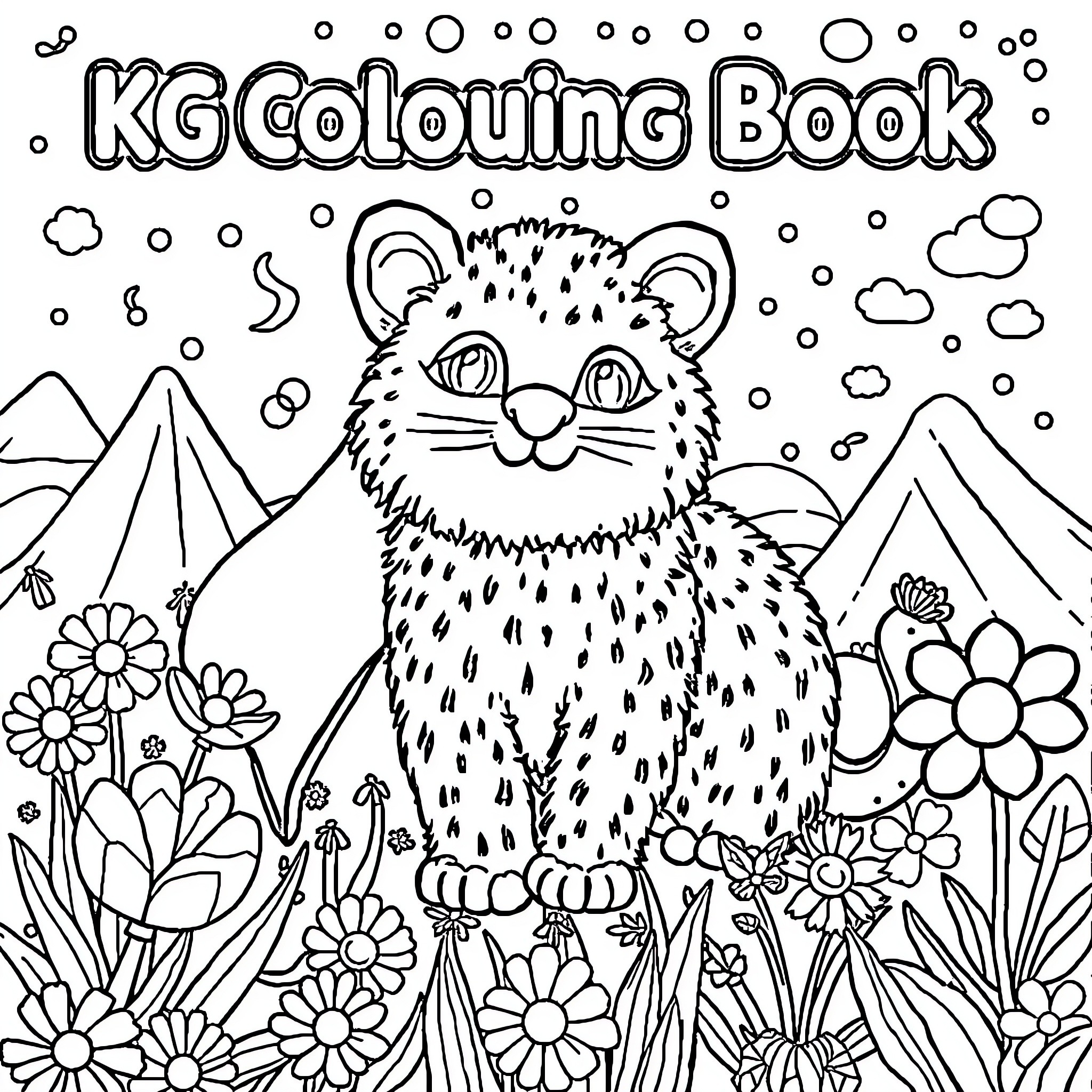 KG Colouring Book with Leopard in Flowery Field Coloring Page (free black-and-white line drawing printable PDF for all, from beginners to advanced learners, including children, teens, adults, and seniors)