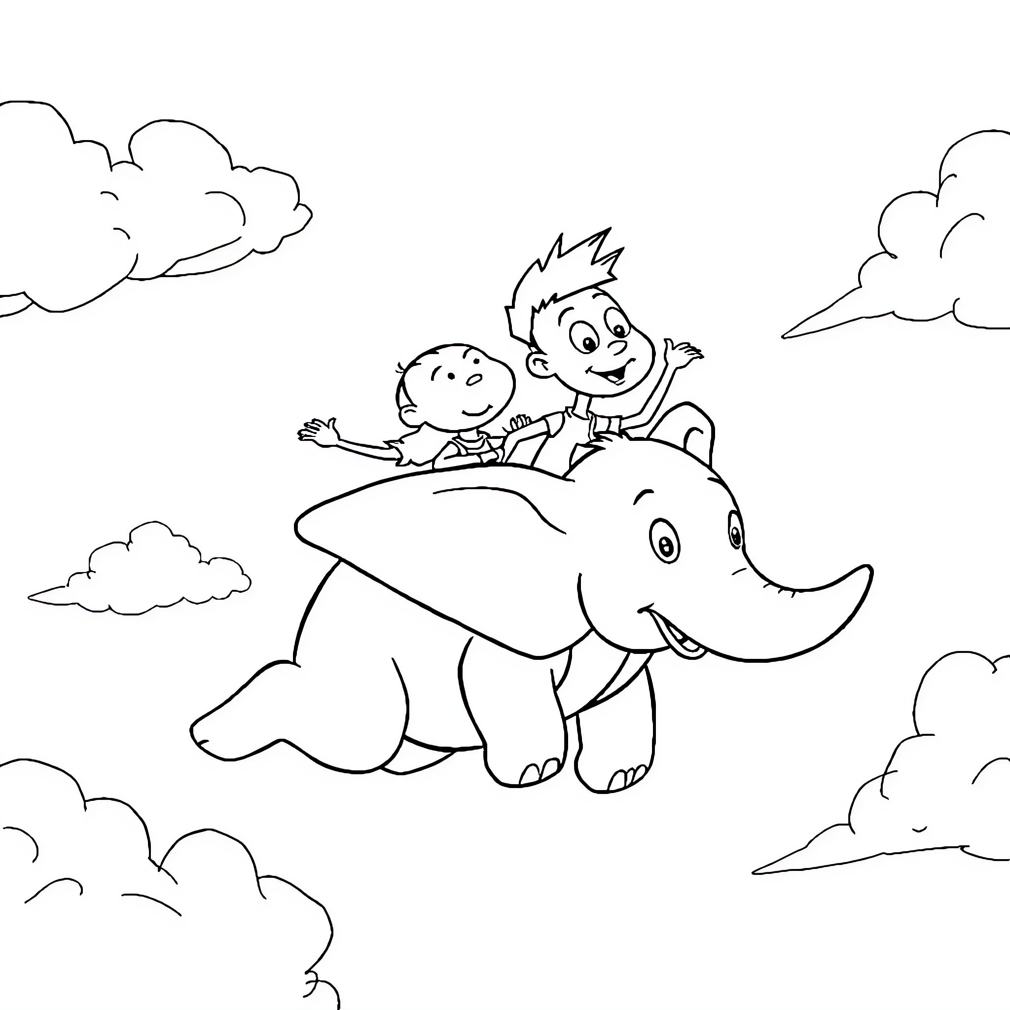 Phineas and Ferb's Elephant Adventure Coloring Page (free black-and-white line drawing printable PDF for all, from beginners to advanced learners, including children, teens, adults, and seniors)