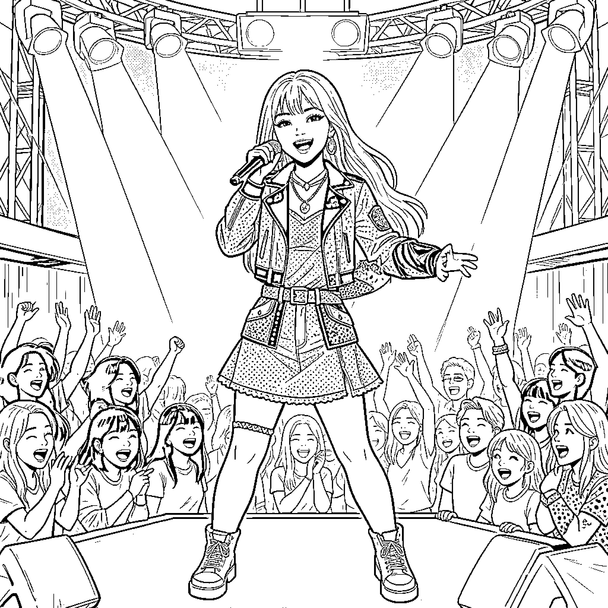 Jennie's Energetic Performance on Stage Coloring Page (free black-and-white line drawing printable PDF for all, from beginners to advanced learners, including children, teens, adults, and seniors)