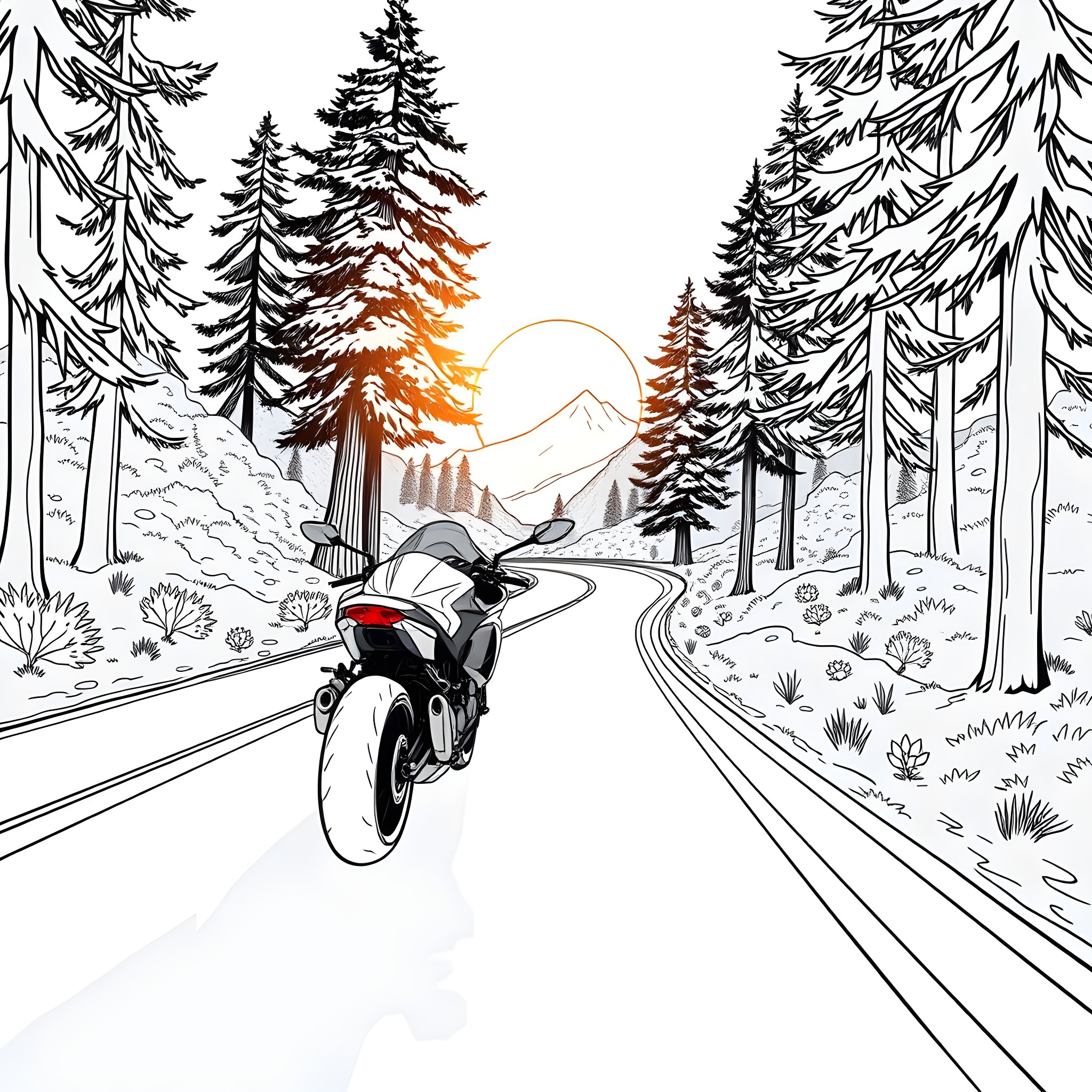 Motor Bike Riding Through Scenic Forest Landscape Coloring Page (free black-and-white line drawing printable PDF for all, from beginners to advanced learners, including children, teens, adults, and seniors)