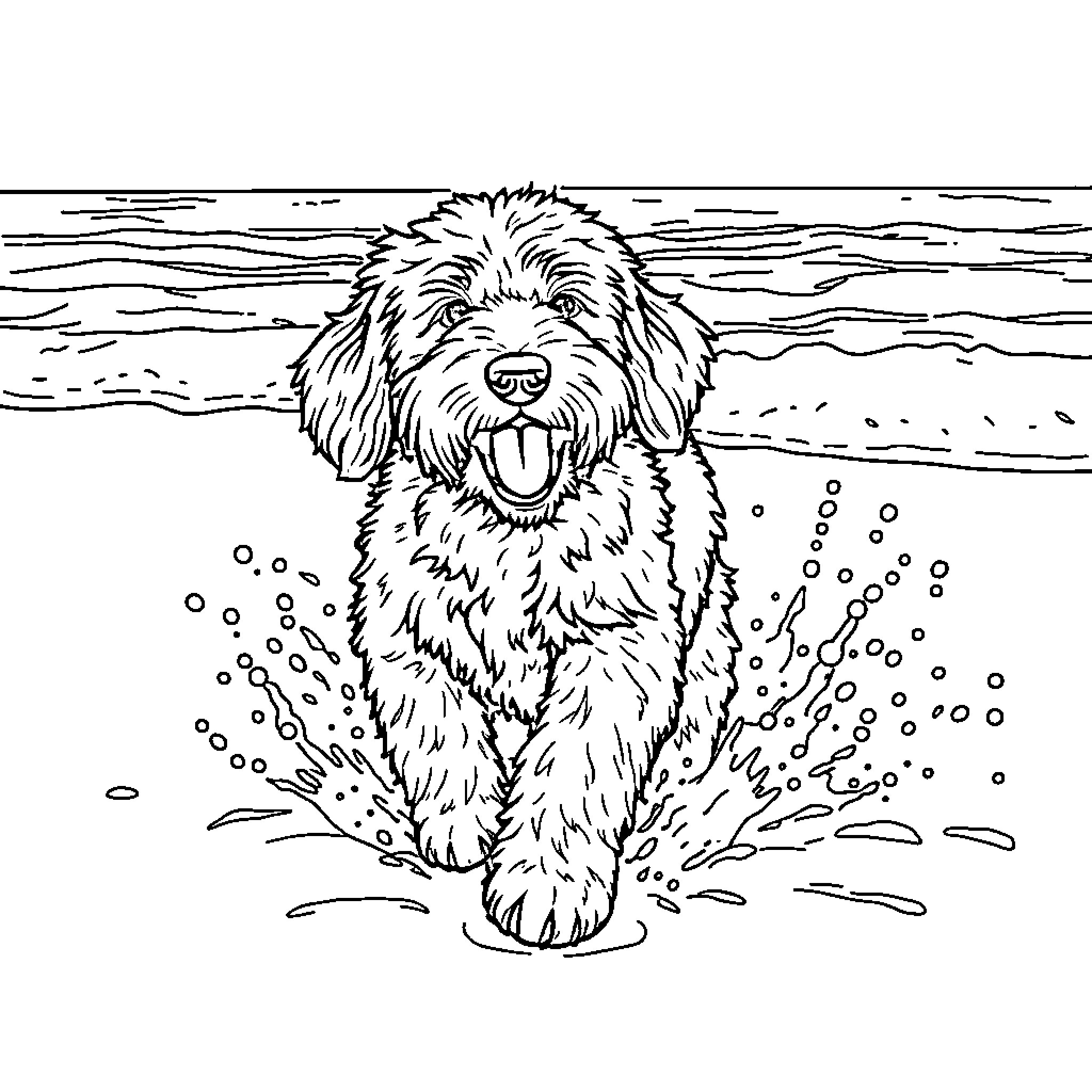 Doodle of a Happy Dog Playing in the Water Coloring Page (free black-and-white line drawing printable PDF for all, from beginners to advanced learners, including children, teens, adults, and seniors)