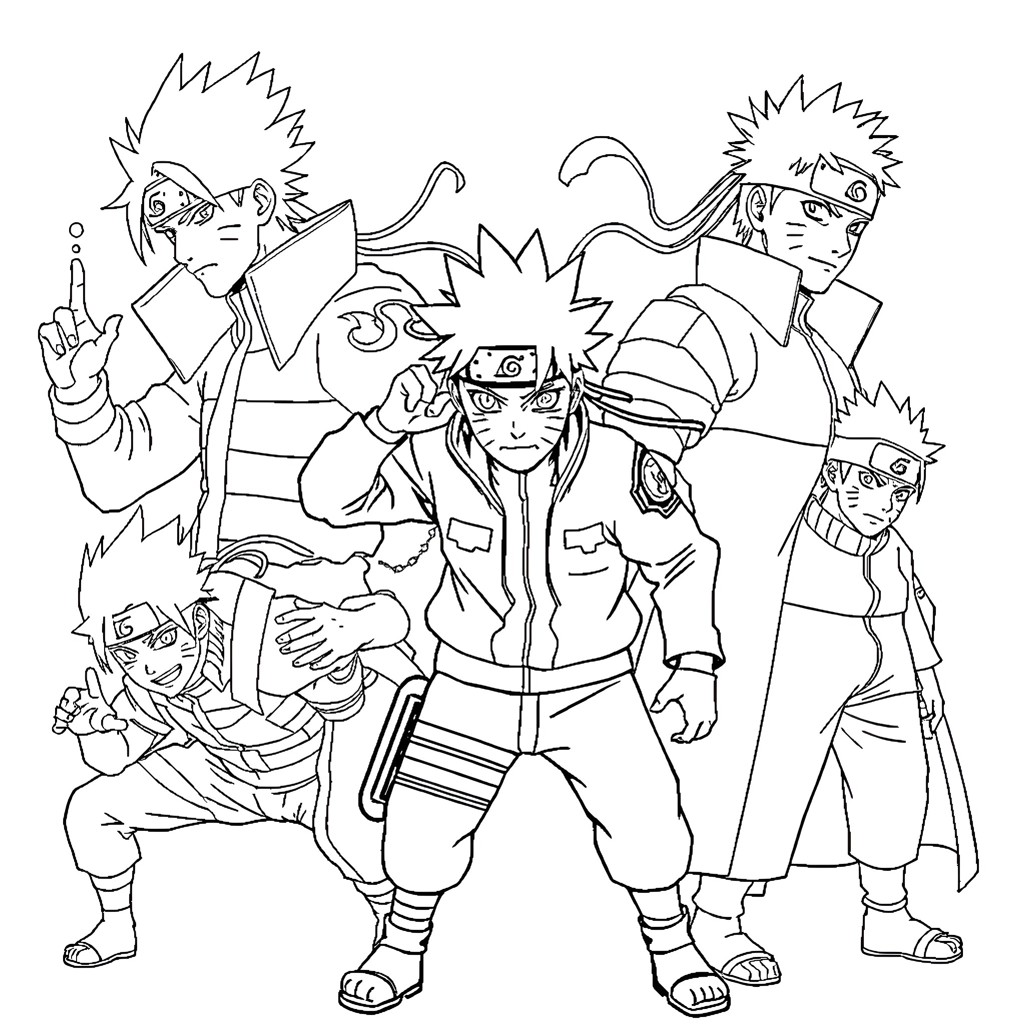 Naruto and Friends in Action Coloring Page (free black-and-white line drawing printable PDF for all, from beginners to advanced learners, including children, teens, adults, and seniors)
