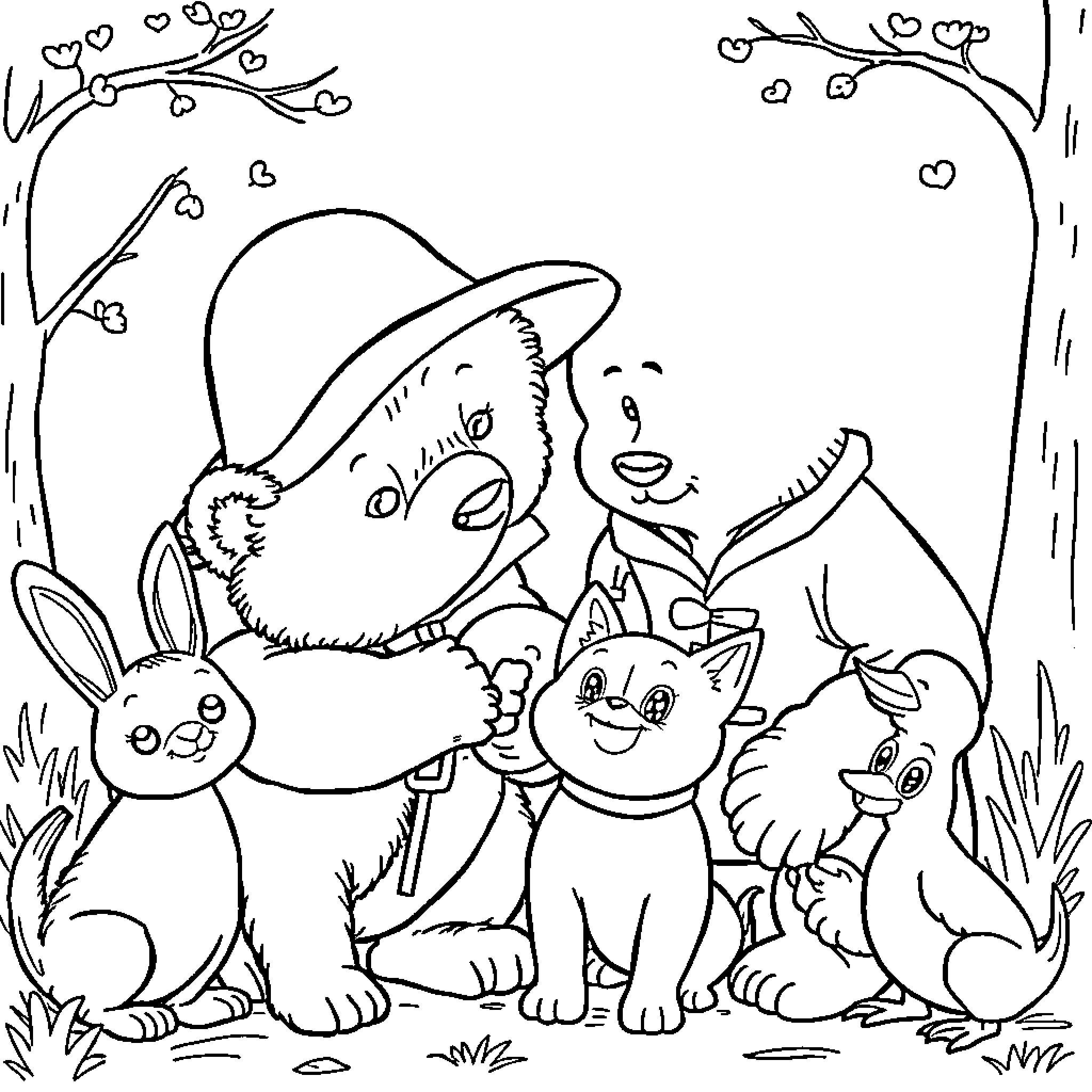 Paddington Bear and friends in the forest Coloring Page (free black-and-white line drawing printable PDF for all, from beginners to advanced learners, including children, teens, adults, and seniors)