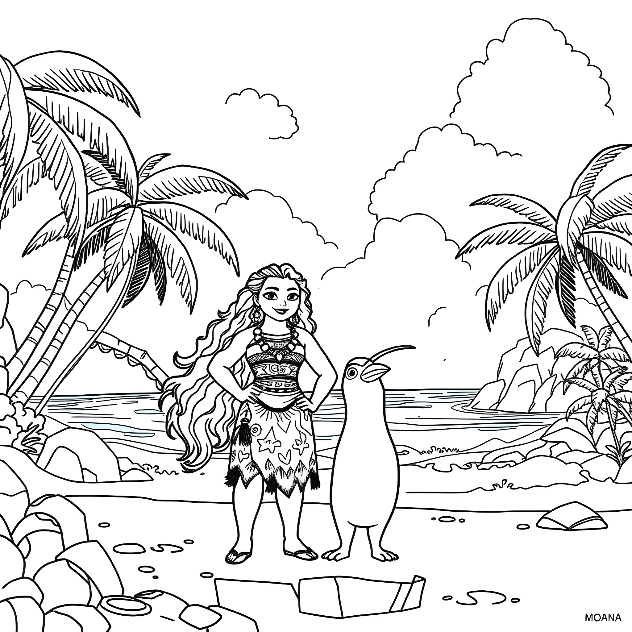 Moana exploring the tropical beach with her companion Coloring Page (free black-and-white line drawing printable PDF for all, from beginners to advanced learners, including children, teens, adults, and seniors)