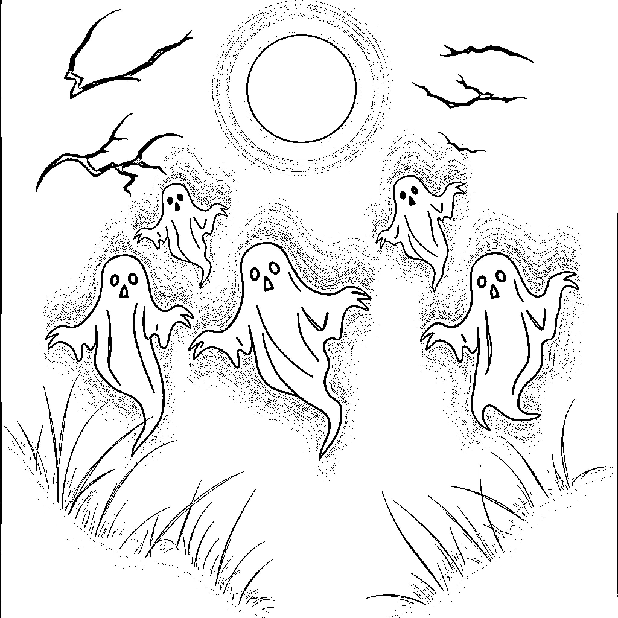 Ghost Apparitions Haunt the Moonlit Night Coloring Page (free black-and-white line drawing printable PDF for all, from beginners to advanced learners, including children, teens, adults, and seniors)