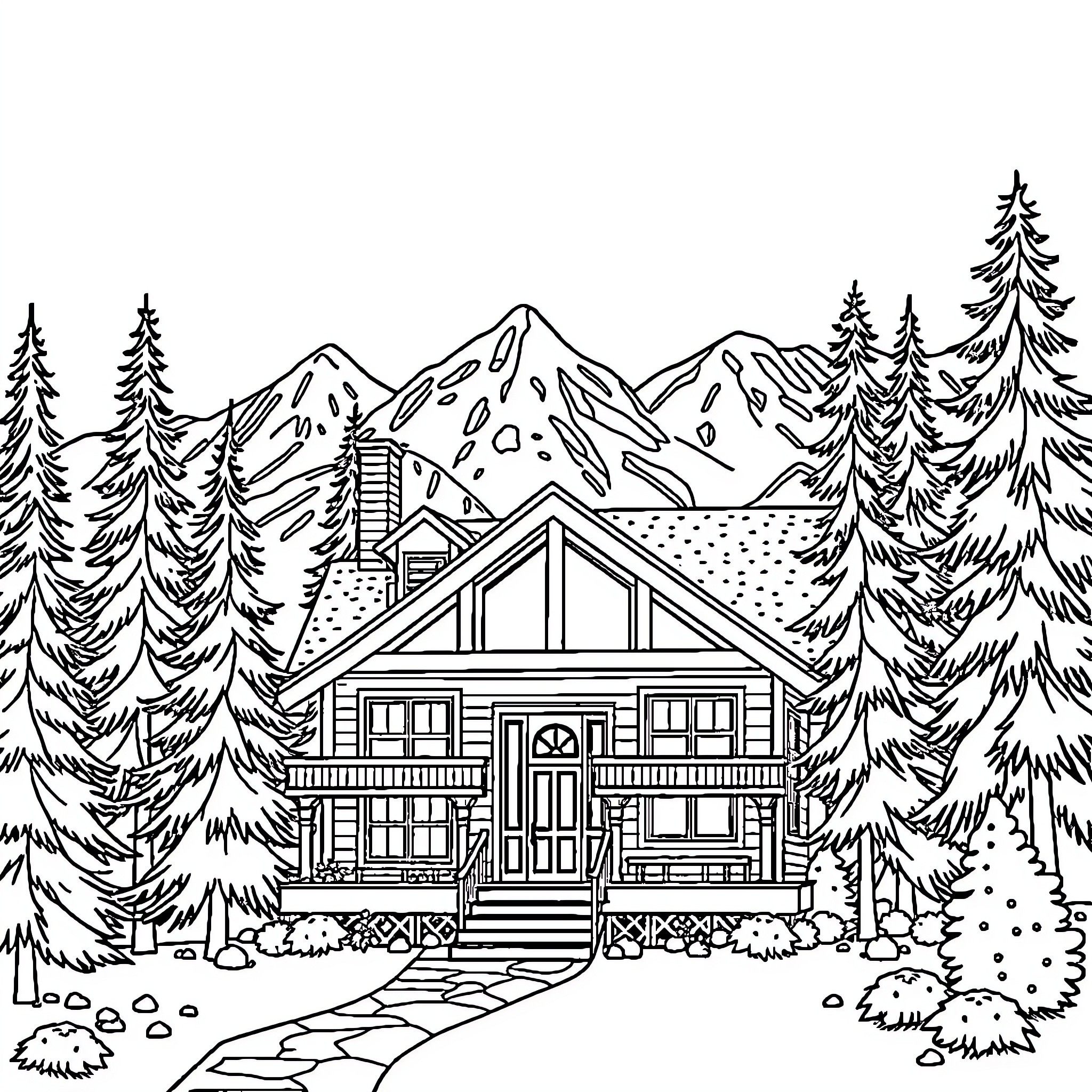 Home in the Tranquil Mountain Retreat Coloring Page (free black-and-white line drawing printable PDF for all, from beginners to advanced learners, including children, teens, adults, and seniors)
