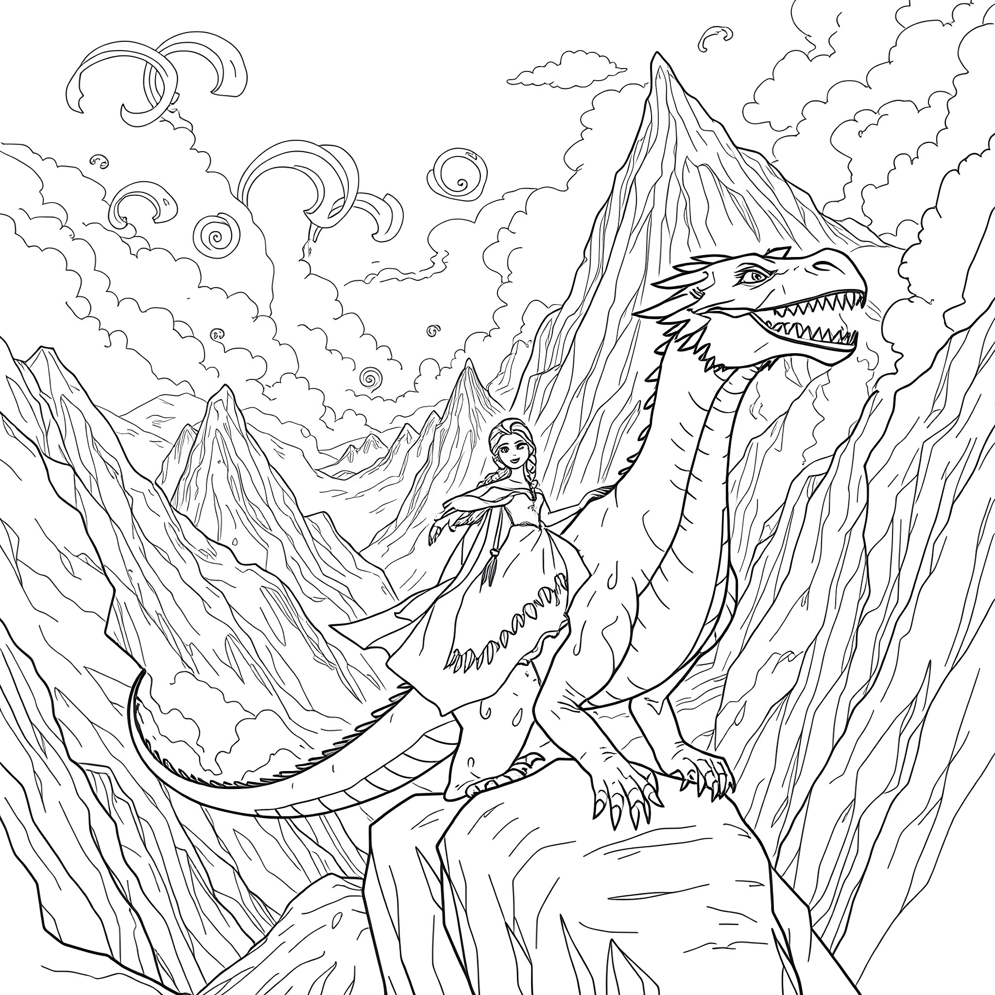 Elsa Riding a Fearsome Dragon in the Mountains Coloring Page (free black-and-white line drawing printable PDF for all, from beginners to advanced learners, including children, teens, adults, and seniors)
