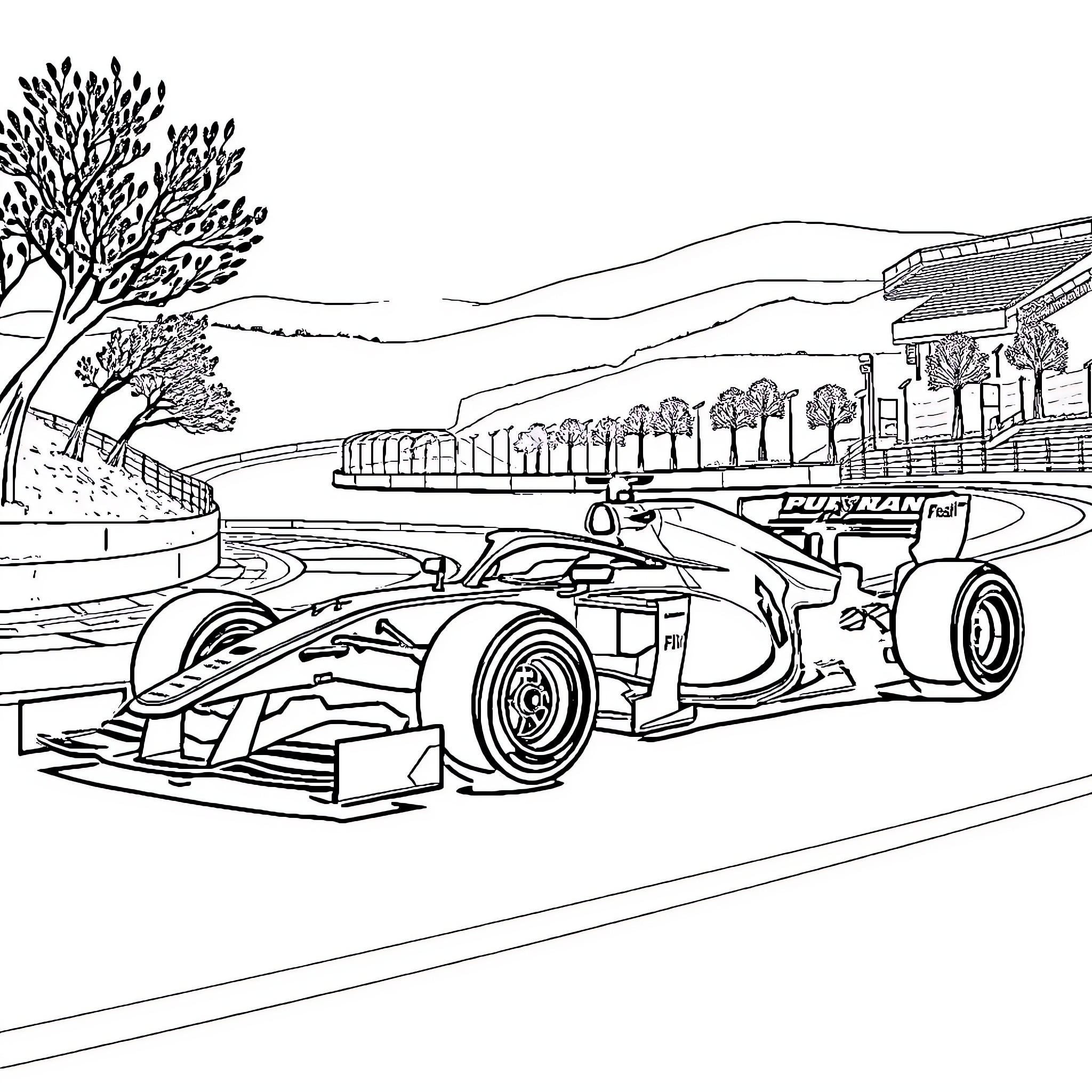 Formula 1 Car racing on circuit track Coloring Page (free black-and-white line drawing printable PDF for all, from beginners to advanced learners, including children, teens, adults, and seniors)
