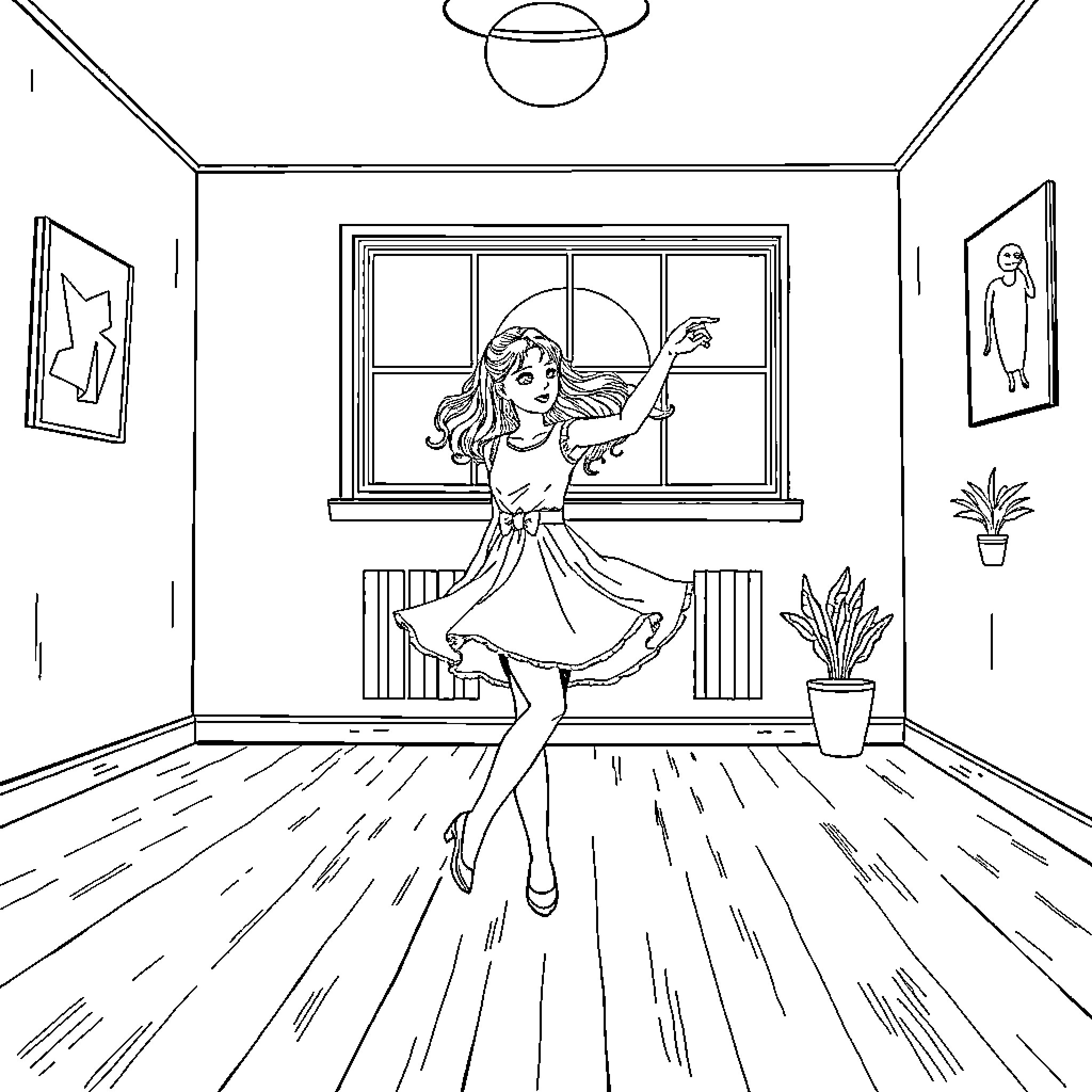 Girl dancing joyfully in a bright room Coloring Page (free black-and-white line drawing printable PDF for all, from beginners to advanced learners, including children, teens, adults, and seniors)