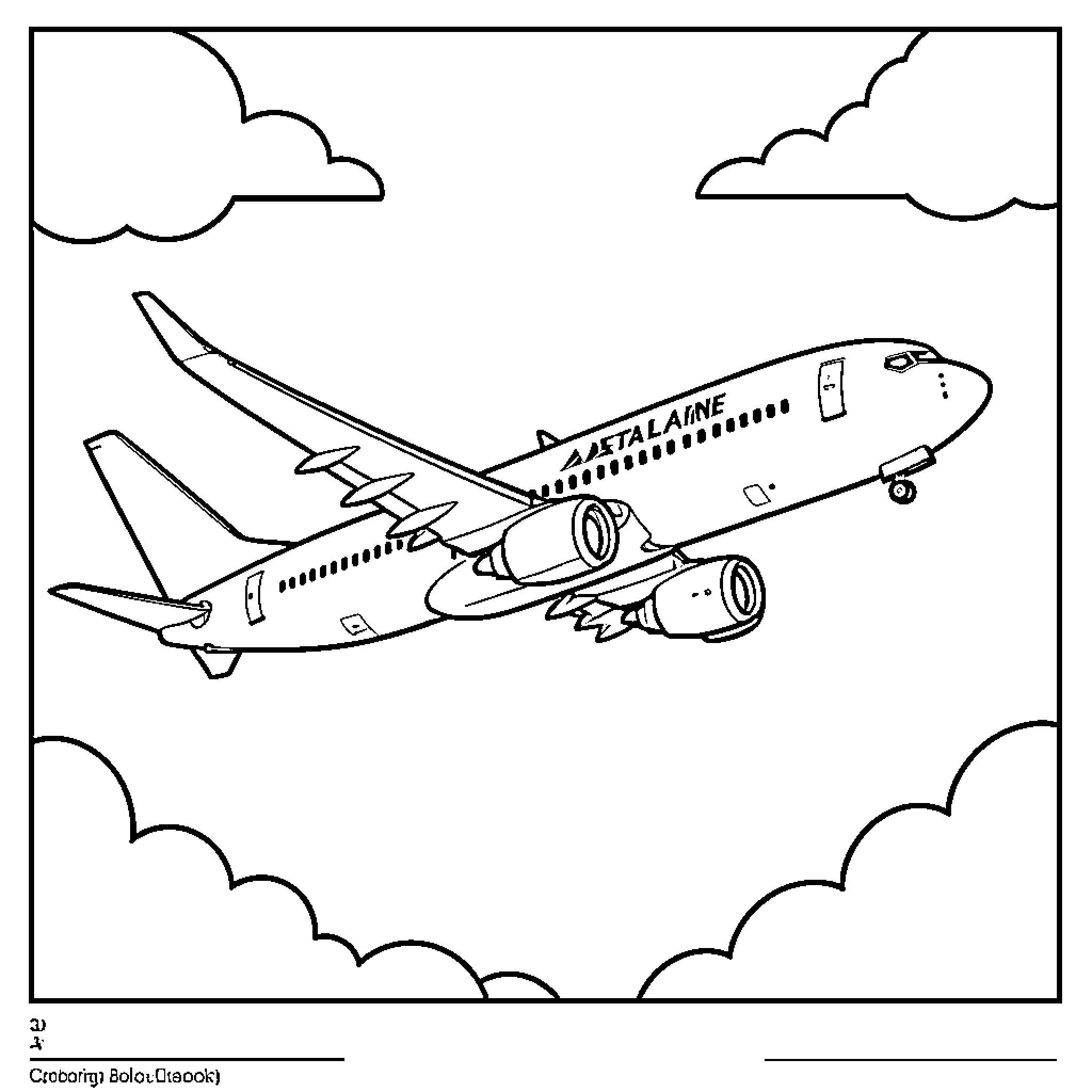 Boeing 737 in flight over clouds Coloring Page (free black-and-white line drawing printable PDF for all, from beginners to advanced learners, including children, teens, adults, and seniors)
