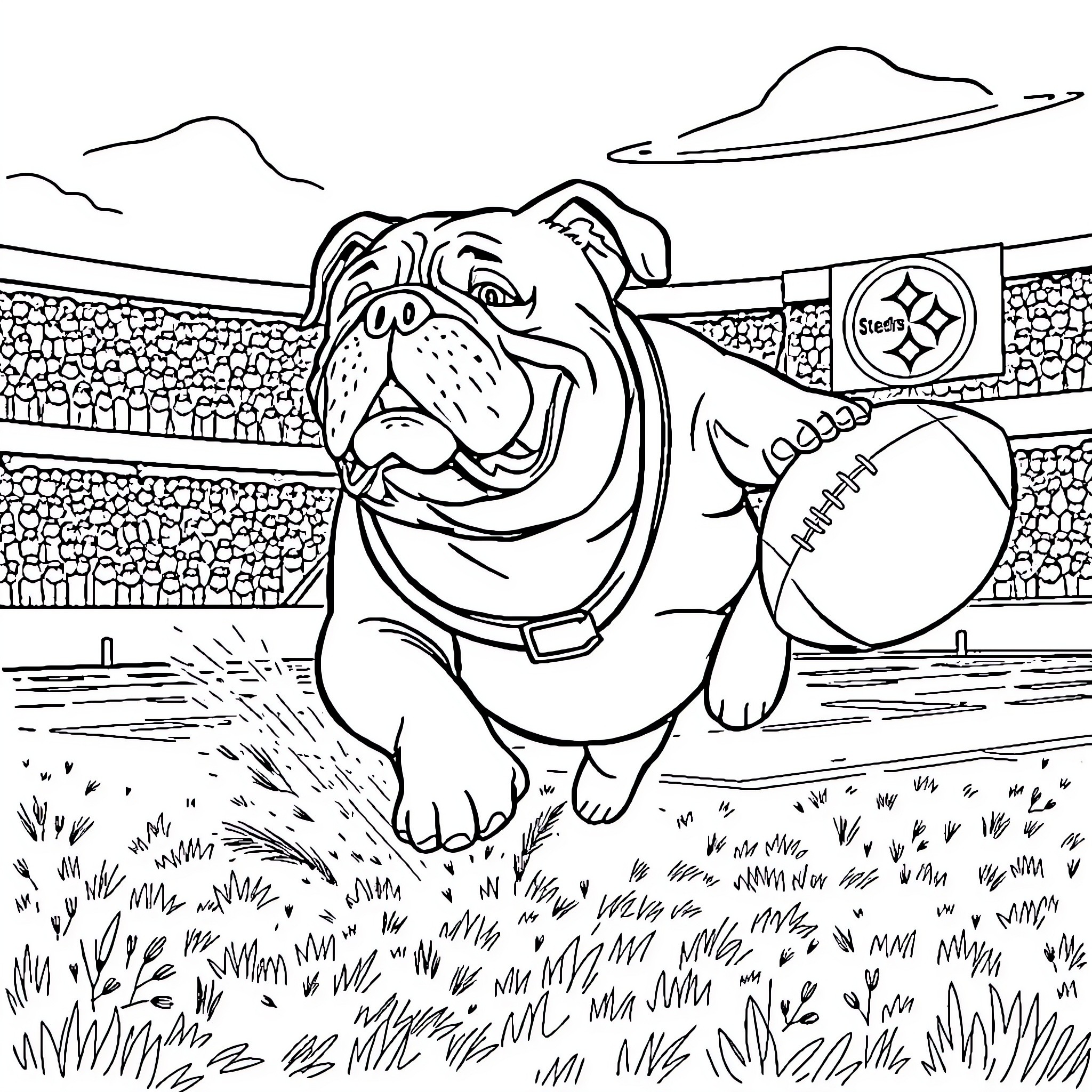 Bulldog enjoying a football game in the stadium Coloring Page (free black-and-white line drawing printable PDF for all, from beginners to advanced learners, including children, teens, adults, and seniors)