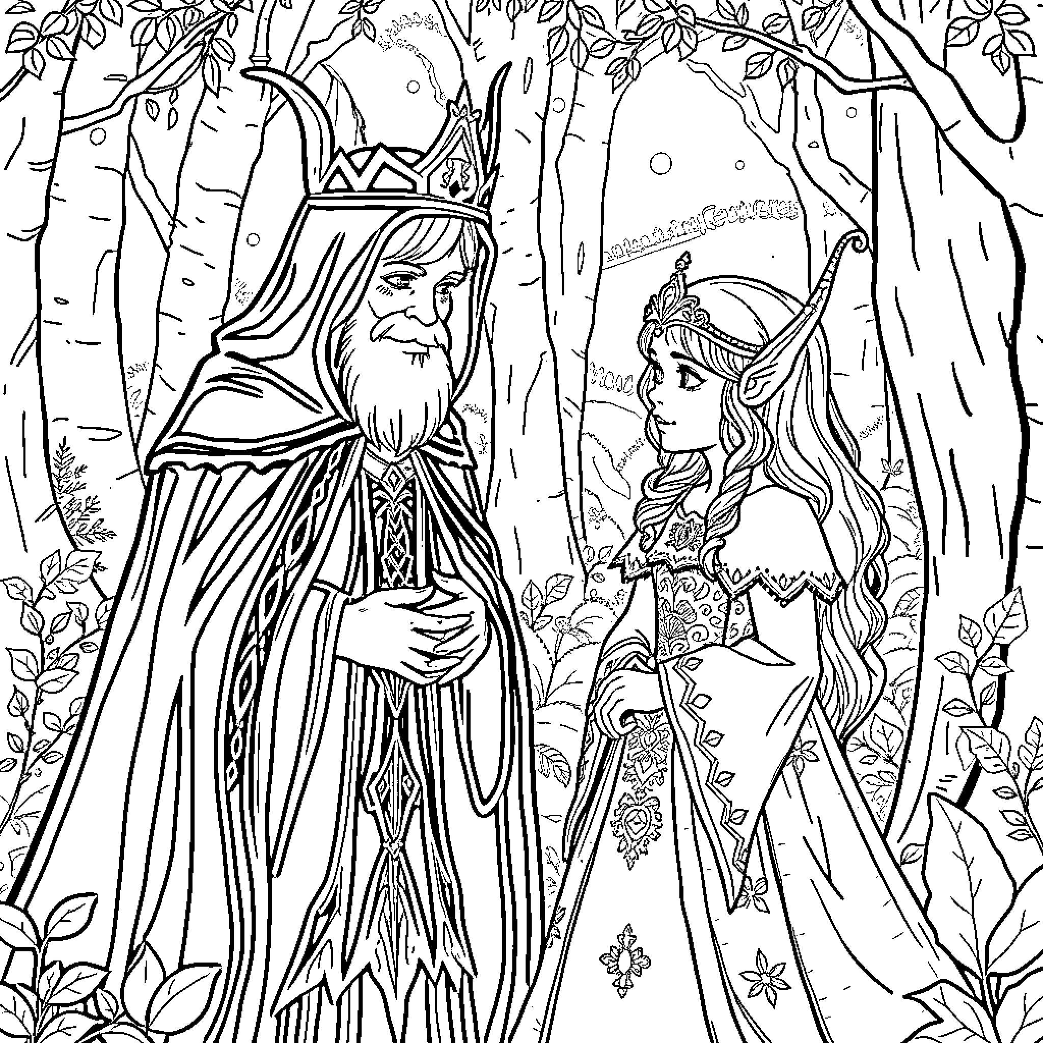 Elven Queen and Wizard in Enchanted Forest Coloring Page (free black-and-white line drawing printable PDF for all, from beginners to advanced learners, including children, teens, adults, and seniors)