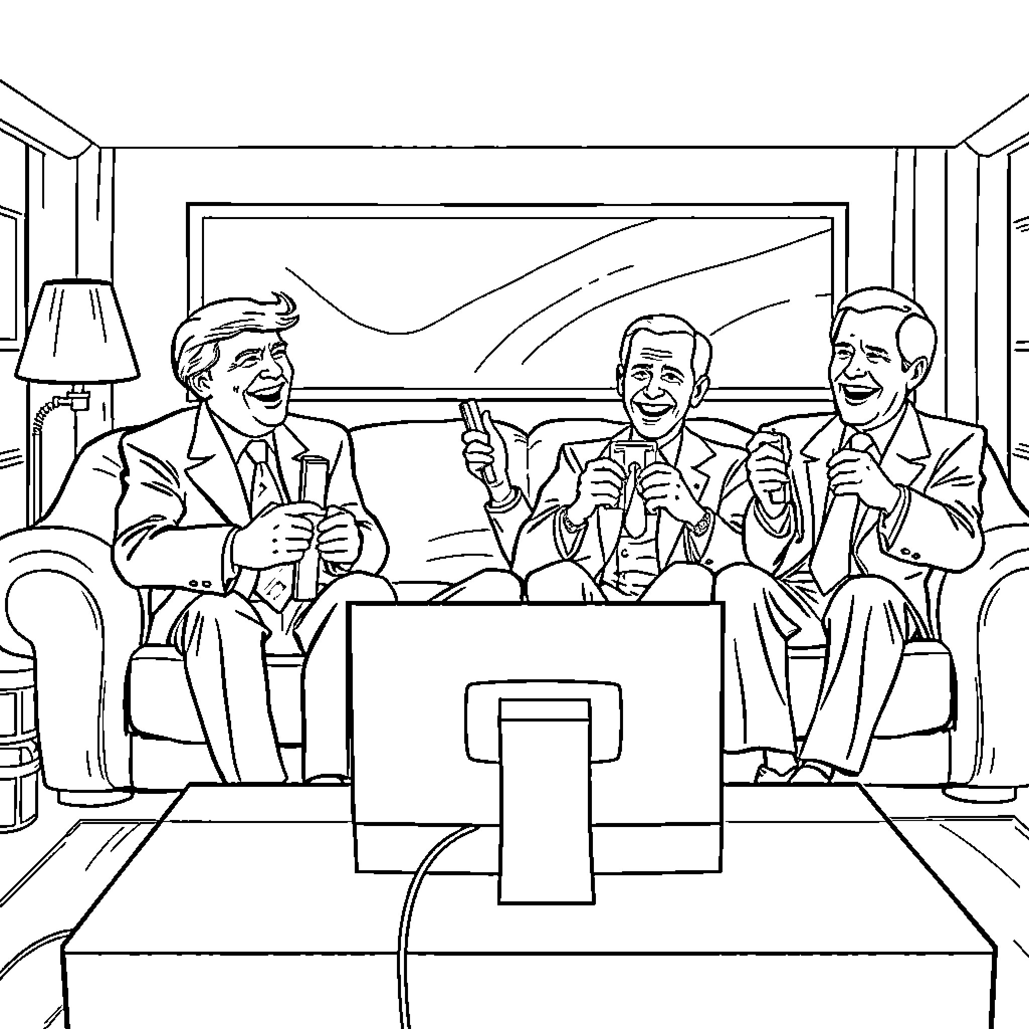Politician Trio Enjoying Conversation and Camaraderie Coloring Page (free black-and-white line drawing printable PDF for all, from beginners to advanced learners, including children, teens, adults, and seniors)
