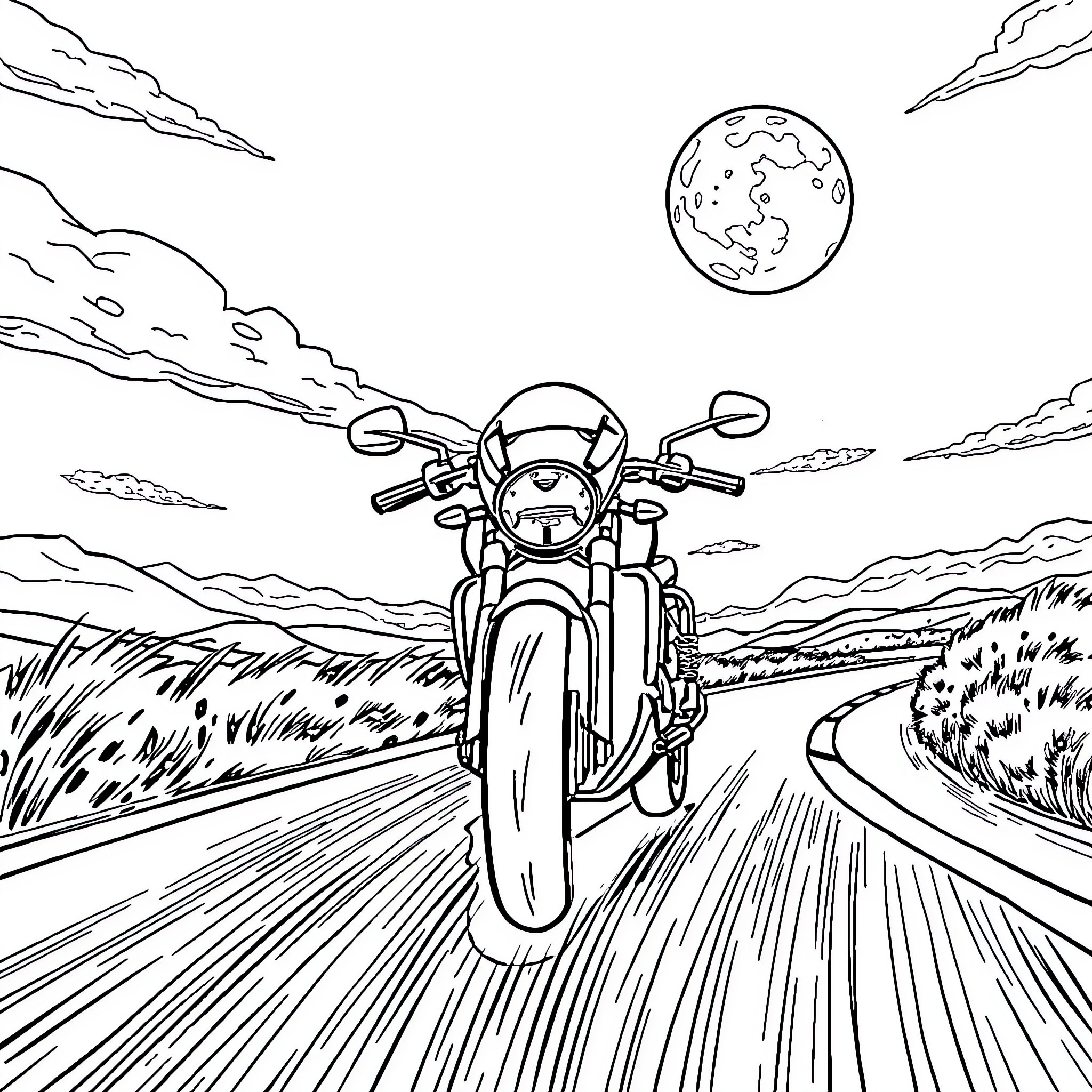 Motorcycle racing through rural landscape under moonlight Coloring Page (free black-and-white line drawing printable PDF for all, from beginners to advanced learners, including children, teens, adults, and seniors)