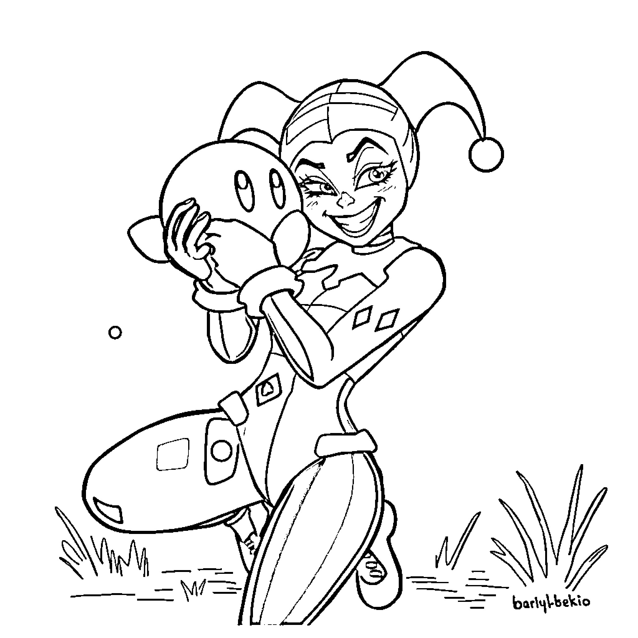 Harley Quinn in a whimsical and playful scene Coloring Page (free black-and-white line drawing printable PDF for all, from beginners to advanced learners, including children, teens, adults, and seniors)
