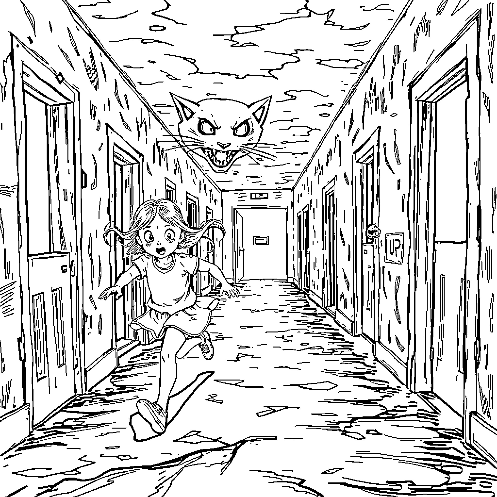 Girl running in a creepy hallway with a scary cat Coloring Page (free black-and-white line drawing printable PDF for all, from beginners to advanced learners, including children, teens, adults, and seniors)