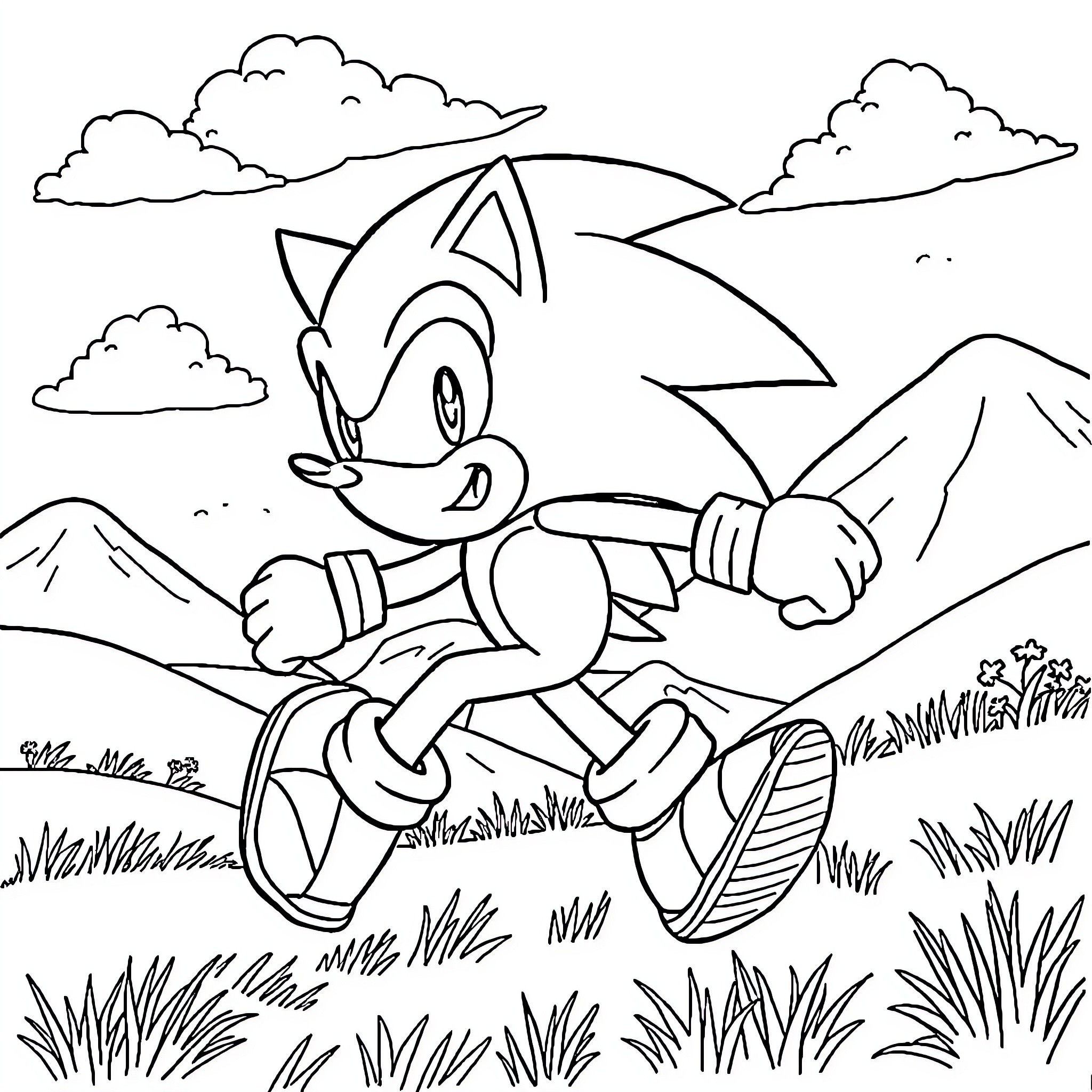 Sonic running energetically through the countryside Coloring Page (free black-and-white line drawing printable PDF for all, from beginners to advanced learners, including children, teens, adults, and seniors)