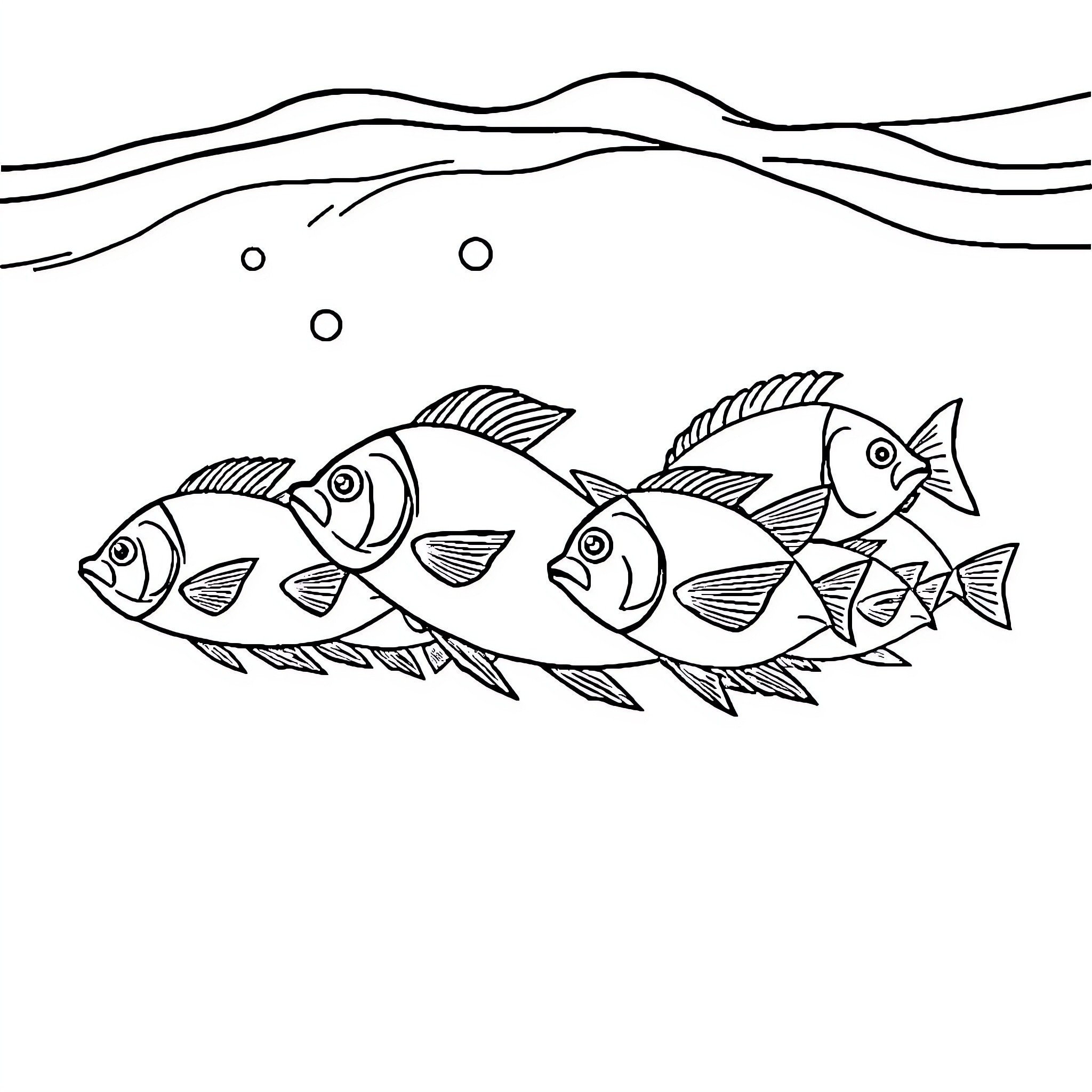 Fish swimming in a school under the sea Coloring Page (free black-and-white line drawing printable PDF for all, from beginners to advanced learners, including children, teens, adults, and seniors)