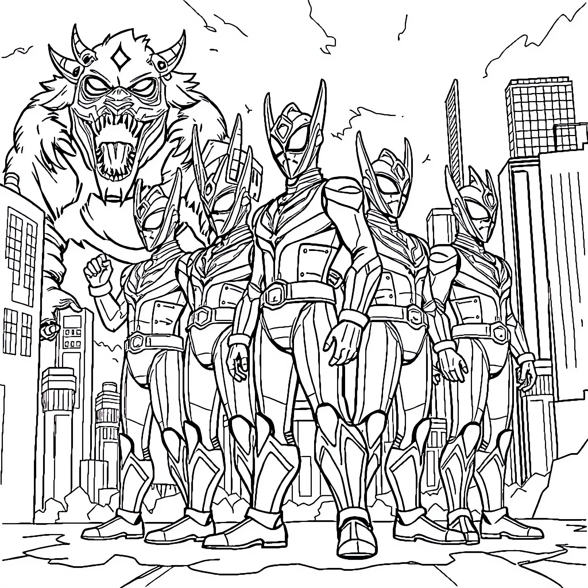 Ultramen battling against a giant monstrous creature in the city Coloring Page (free black-and-white line drawing printable PDF for all, from beginners to advanced learners, including children, teens, adults, and seniors)