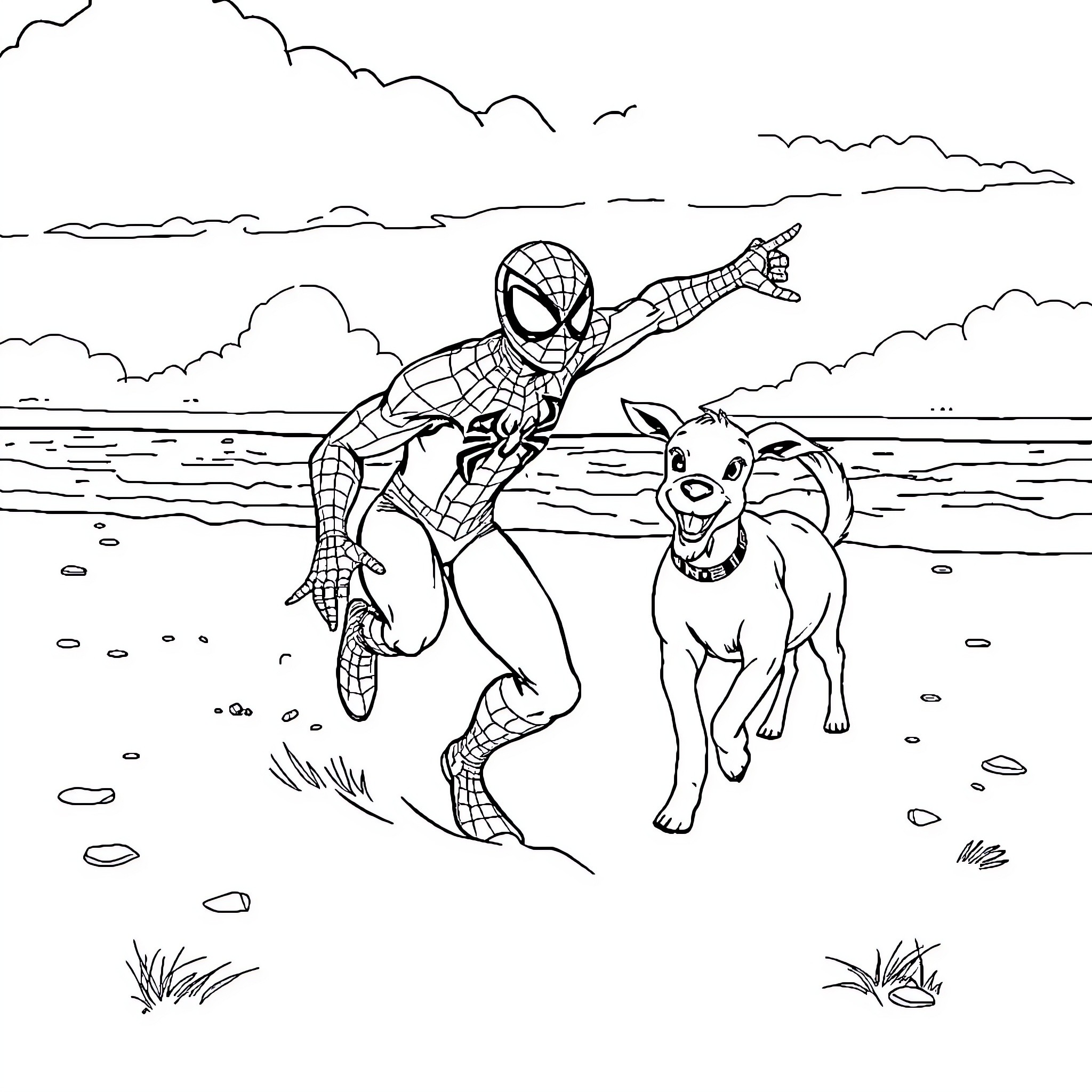 Spiderman chasing a dog on the beach Coloring Page (free black-and-white line drawing printable PDF for all, from beginners to advanced learners, including children, teens, adults, and seniors)