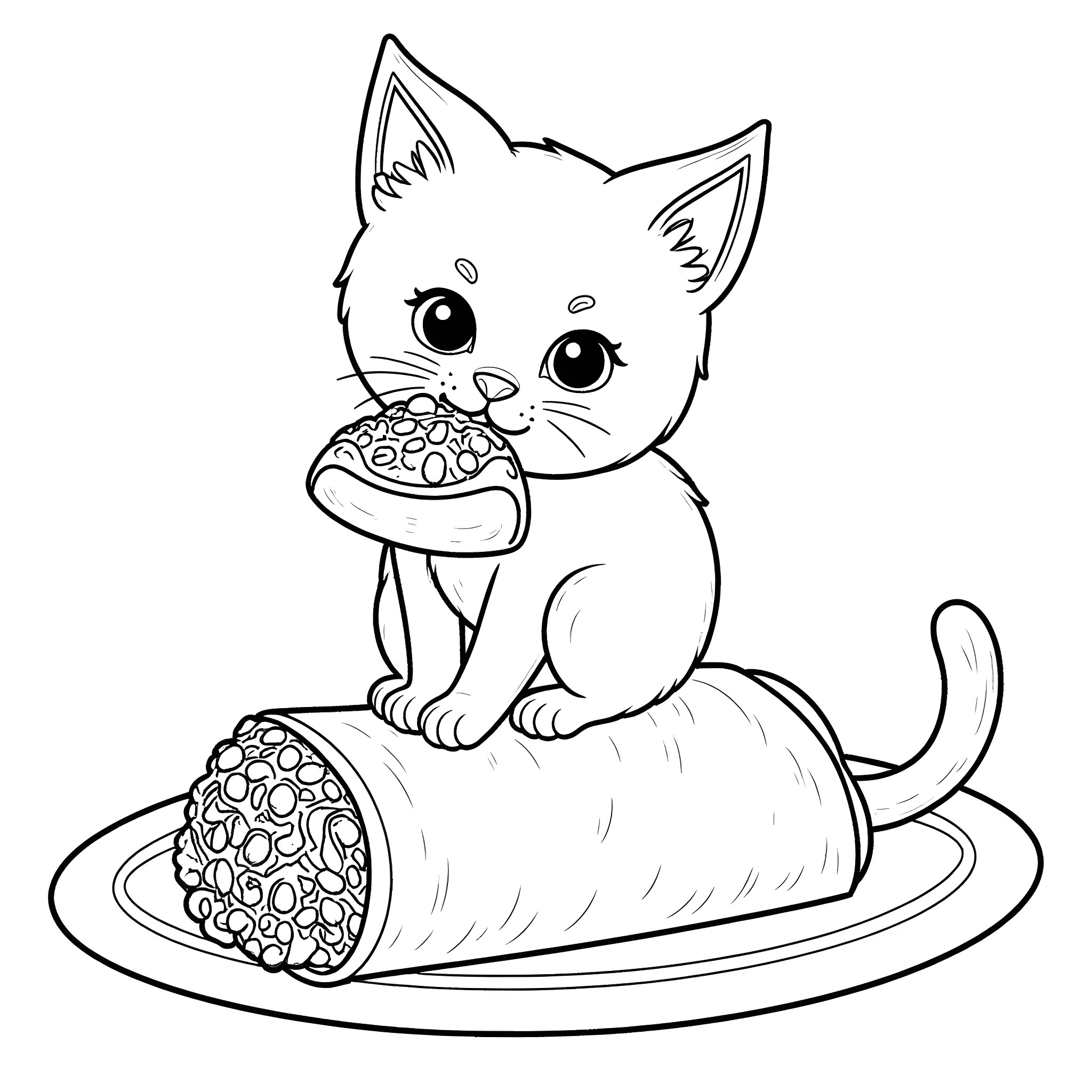 Kitten eating a delicious treat Coloring Page (free black-and-white line drawing printable PDF for all, from beginners to advanced learners, including children, teens, adults, and seniors)