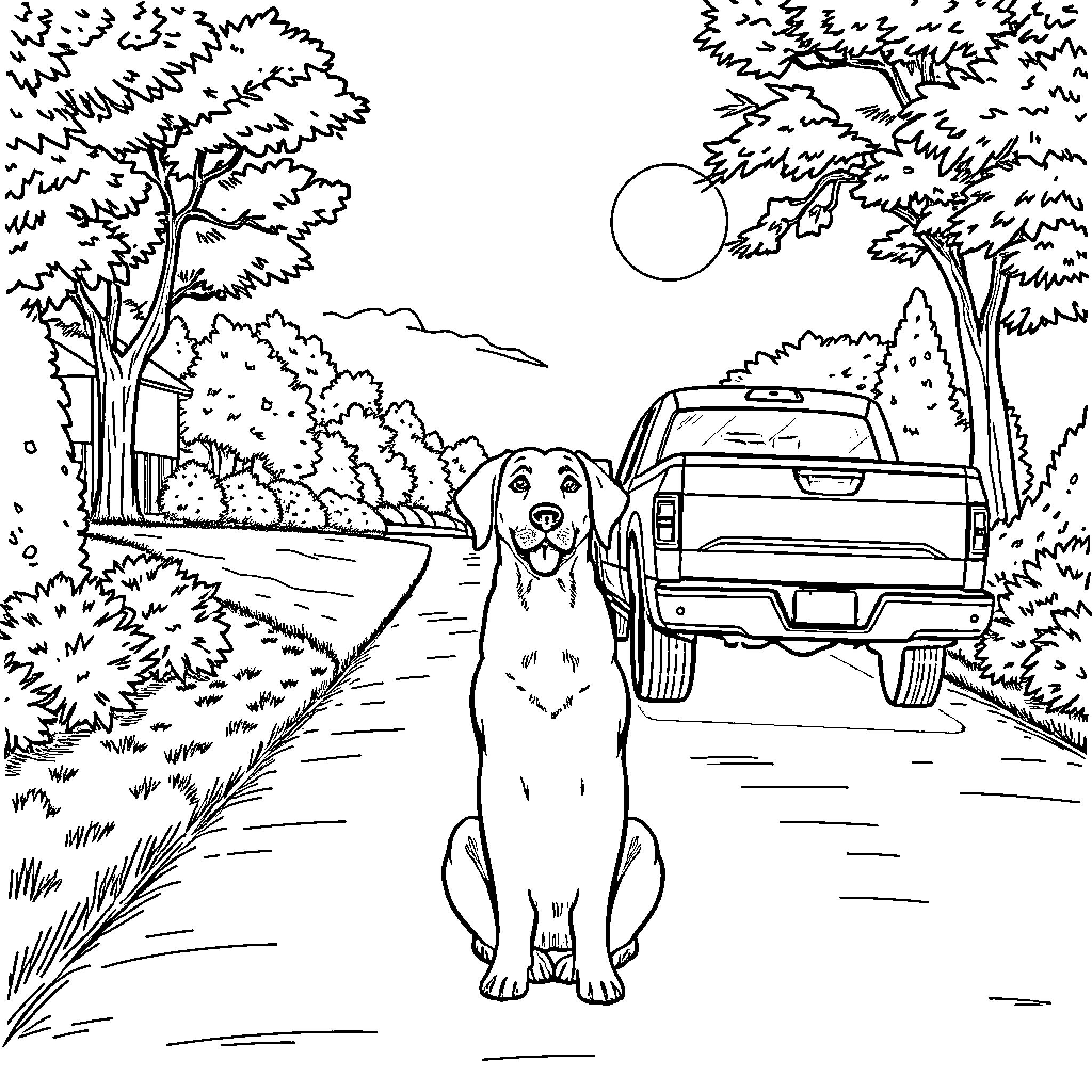 Labrador Retriever enjoying a walk in the countryside Coloring Page (free black-and-white line drawing printable PDF for all, from beginners to advanced learners, including children, teens, adults, and seniors)