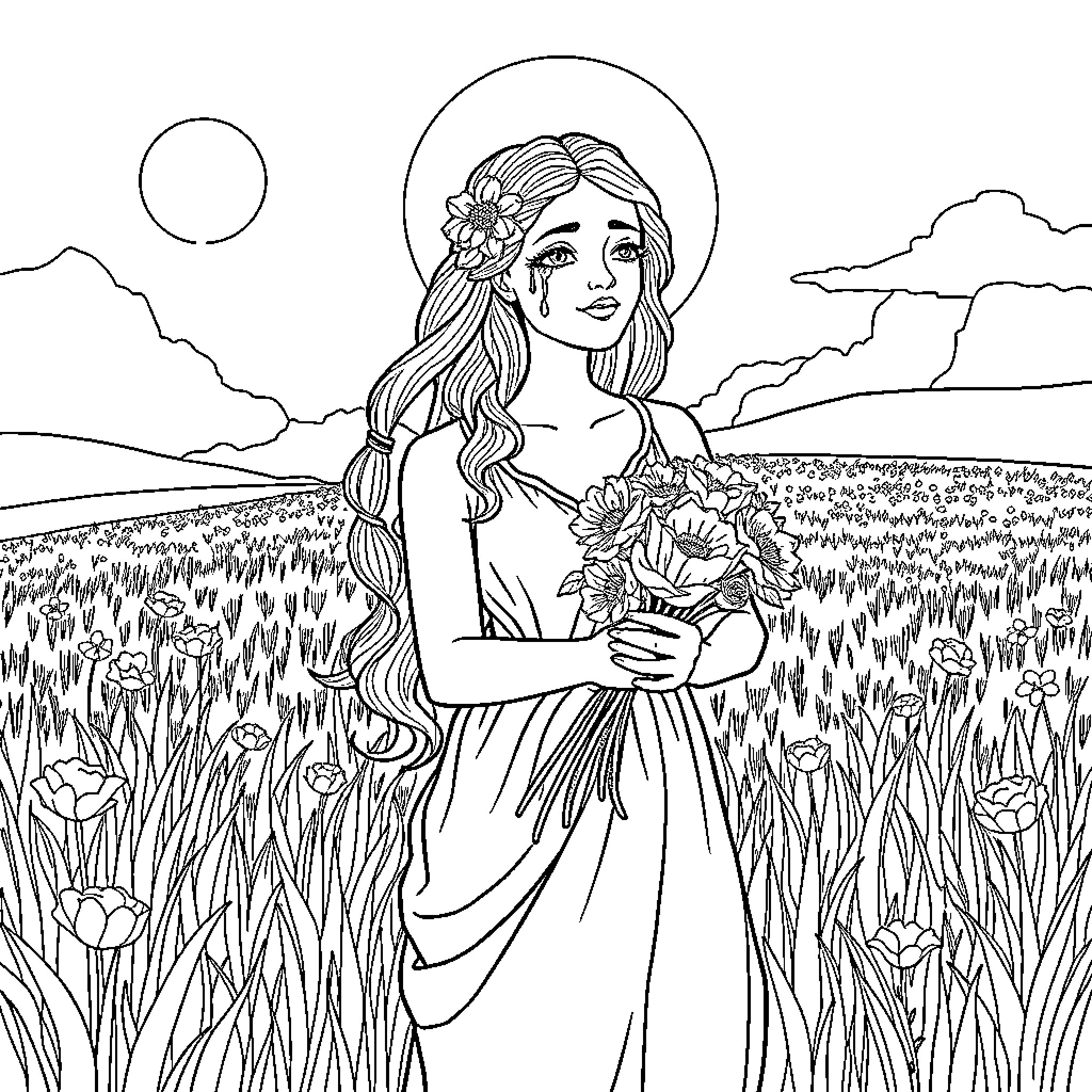 Persephone among the flowers in an ethereal landscape Coloring Page (free black-and-white line drawing printable PDF for all, from beginners to advanced learners, including children, teens, adults, and seniors)
