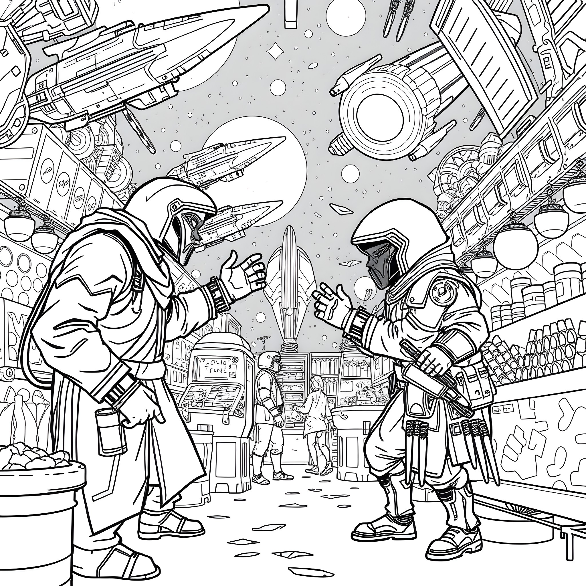 Vendor in futuristic sci-fi marketplace Coloring Page (free black-and-white line drawing printable PDF for all, from beginners to advanced learners, including children, teens, adults, and seniors)