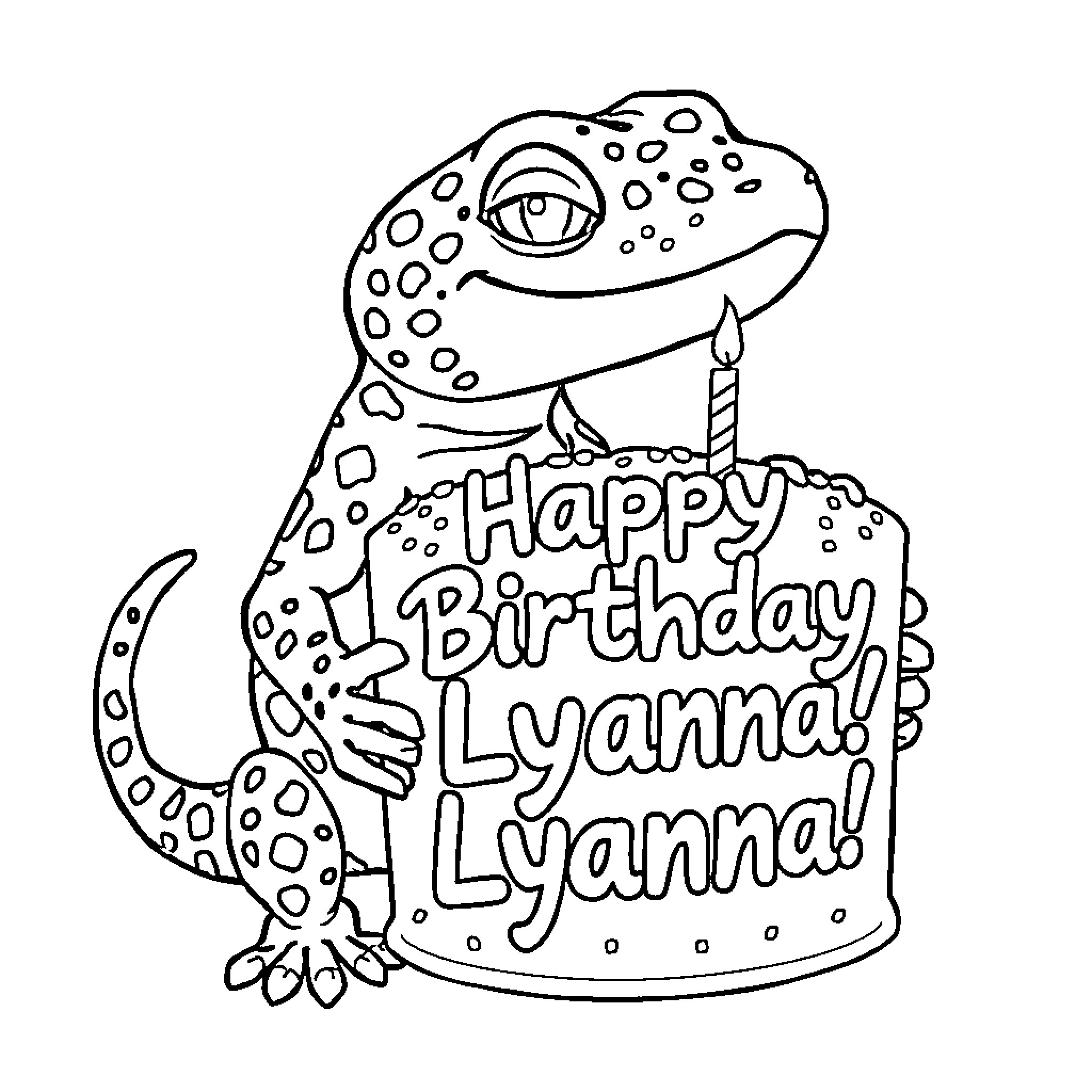 Leopard Gecko celebrating a birthday Coloring Page (free black-and-white line drawing printable PDF for all, from beginners to advanced learners, including children, teens, adults, and seniors)